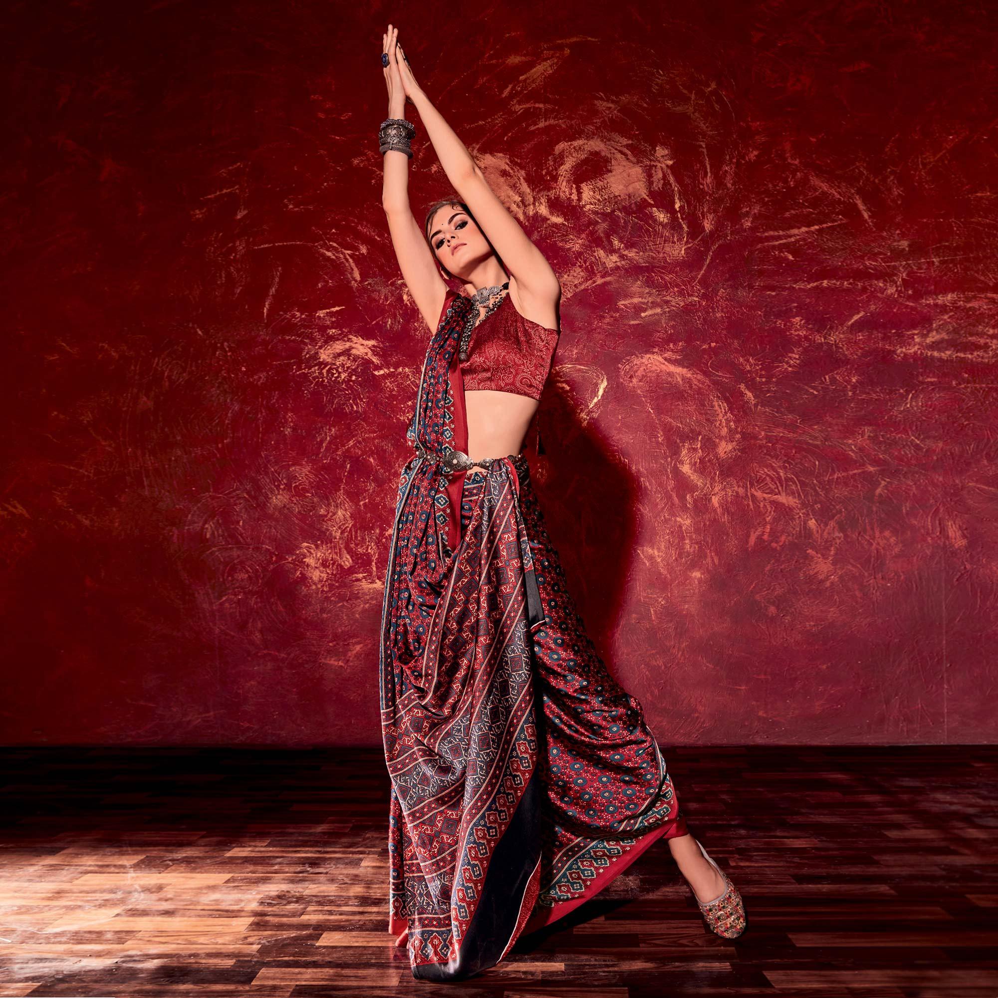 Maroon Printed Satin Saree - Peachmode