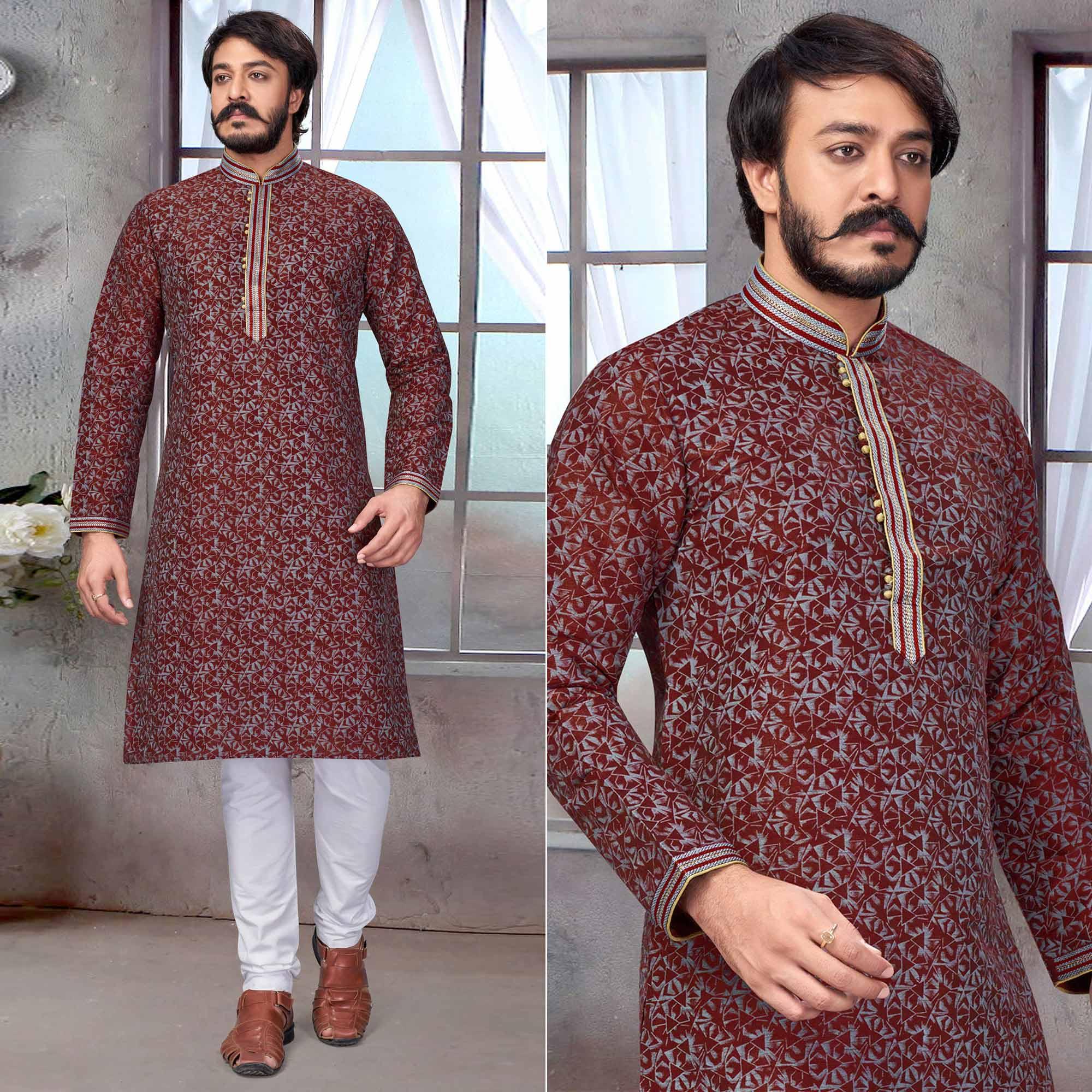 Maroon Printed With Embroidered Art Silk Kurta Pyjama Set - Peachmode