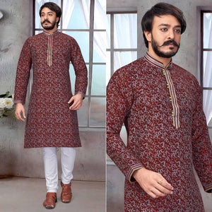 Maroon Printed With Embroidered Art Silk Kurta Pyjama Set - Peachmode