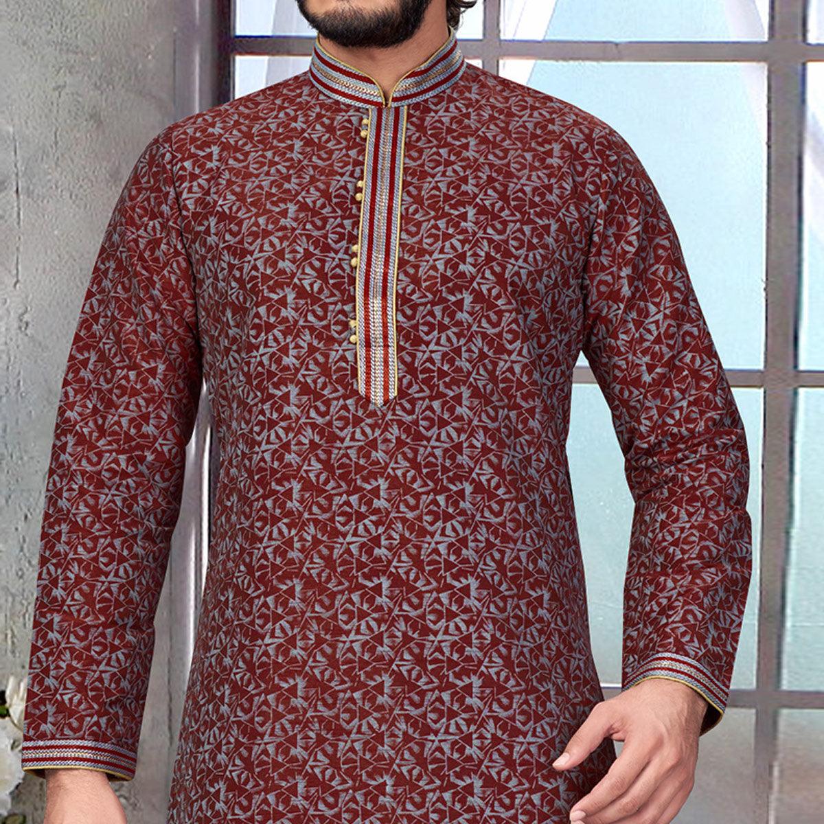 Maroon Printed With Embroidered Art Silk Kurta Pyjama Set - Peachmode