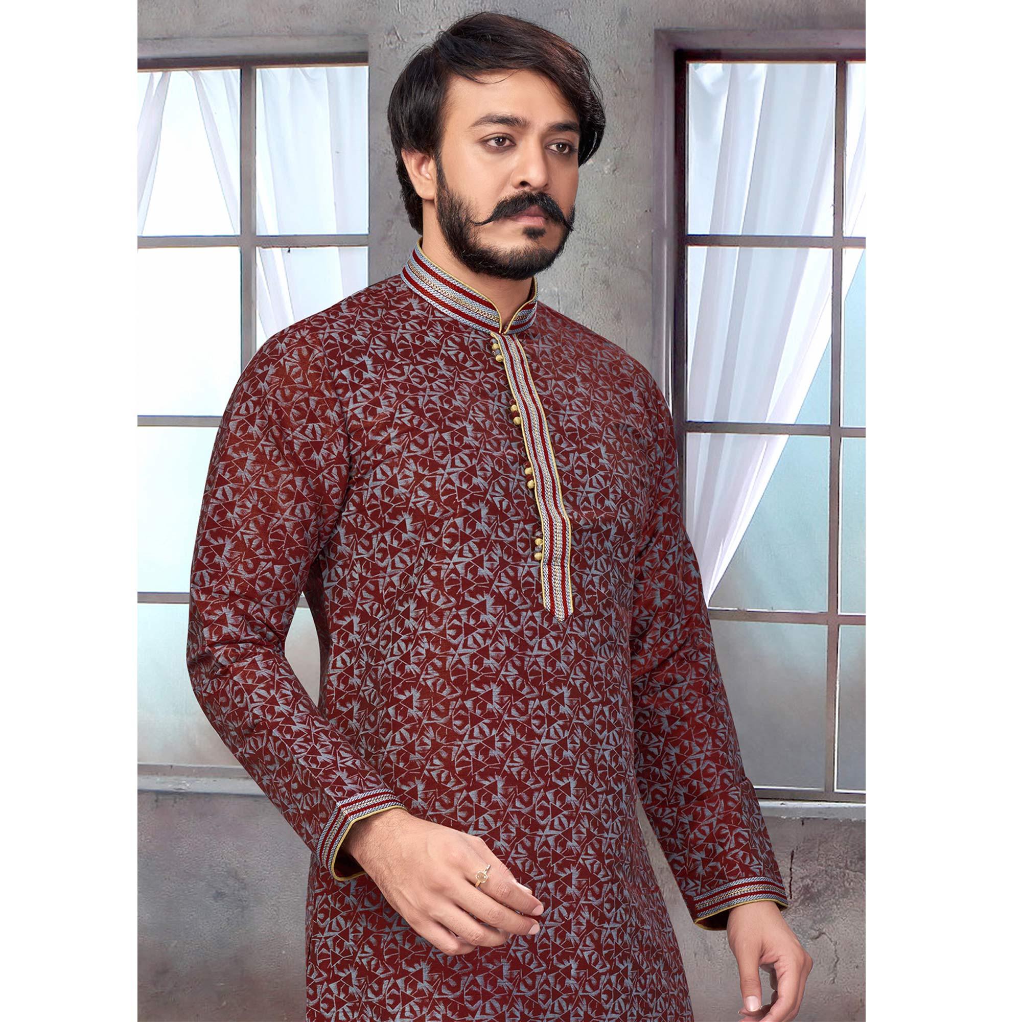 Maroon Printed With Embroidered Art Silk Kurta Pyjama Set - Peachmode