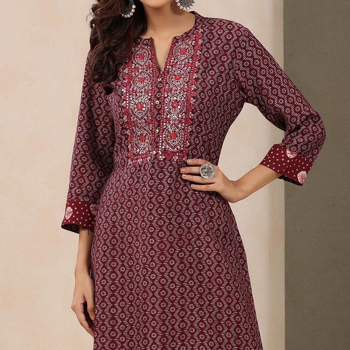 Maroon Printed With Embroidered Chanderi Kurti - Peachmode