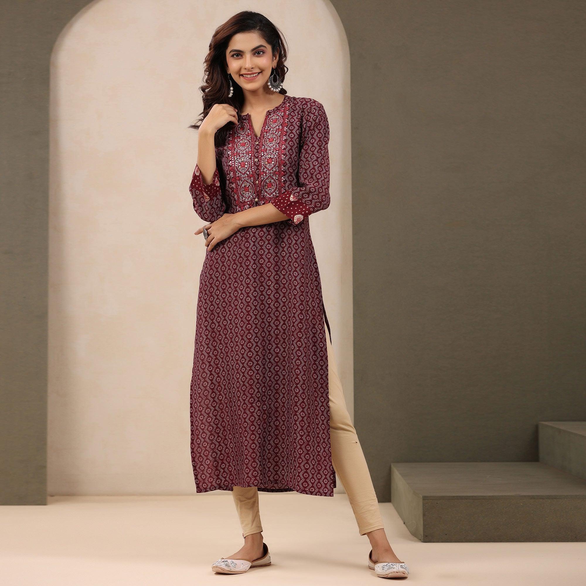 Maroon Printed With Embroidered Chanderi Kurti - Peachmode