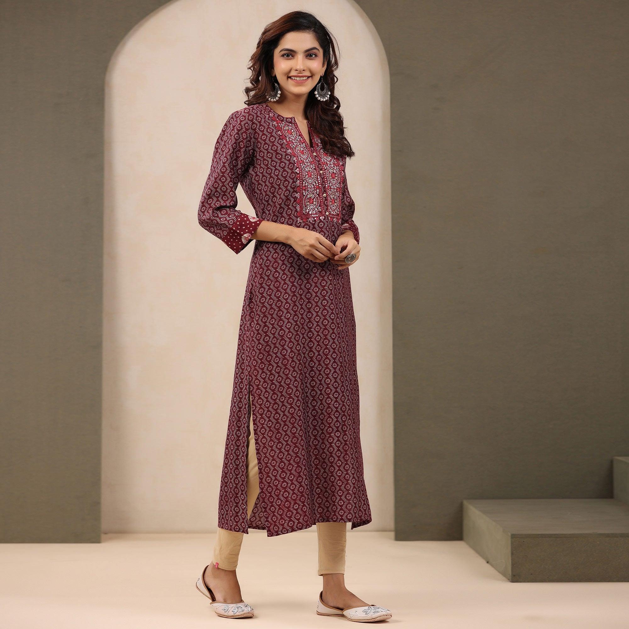 Maroon Printed With Embroidered Chanderi Kurti - Peachmode
