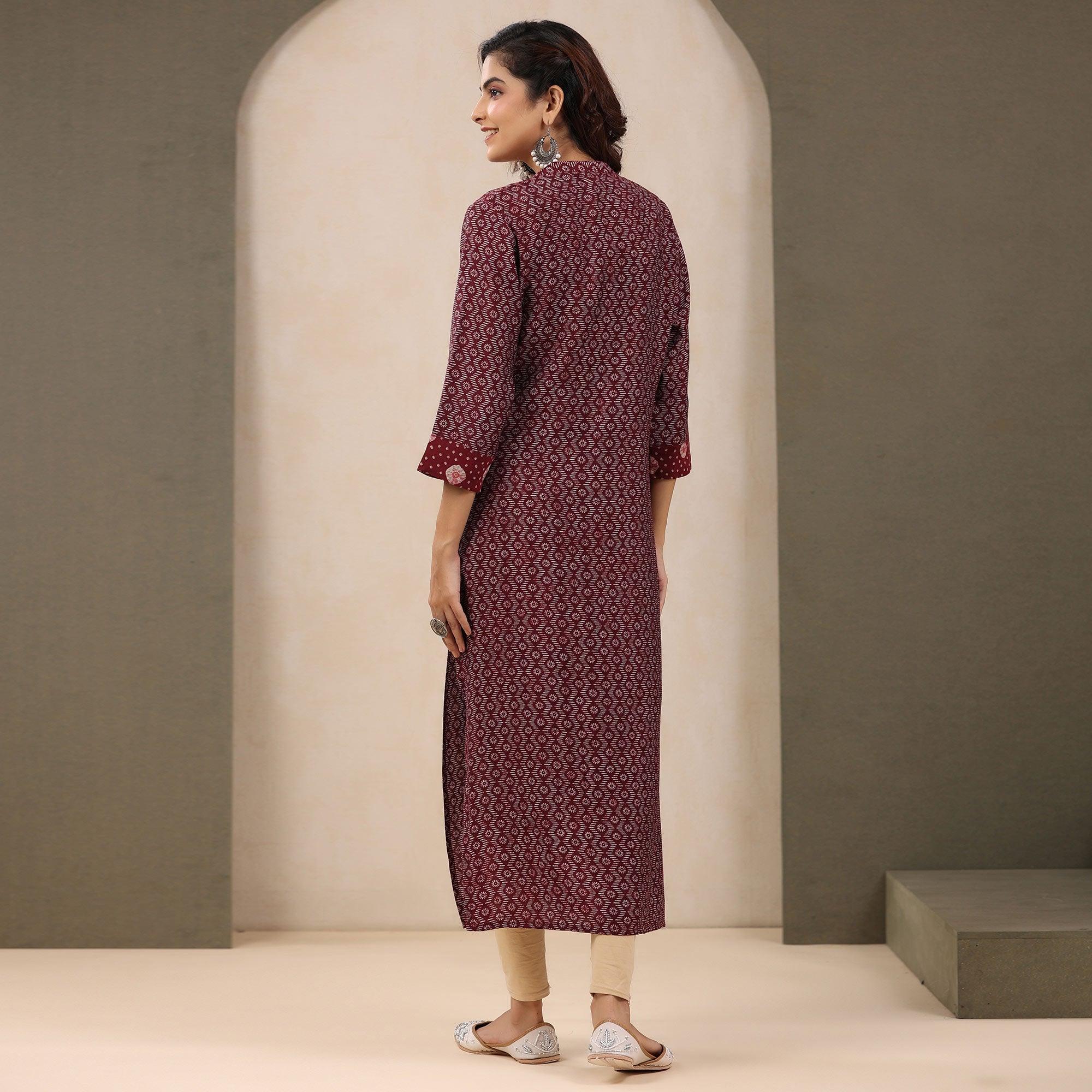 Maroon Printed With Embroidered Chanderi Kurti - Peachmode
