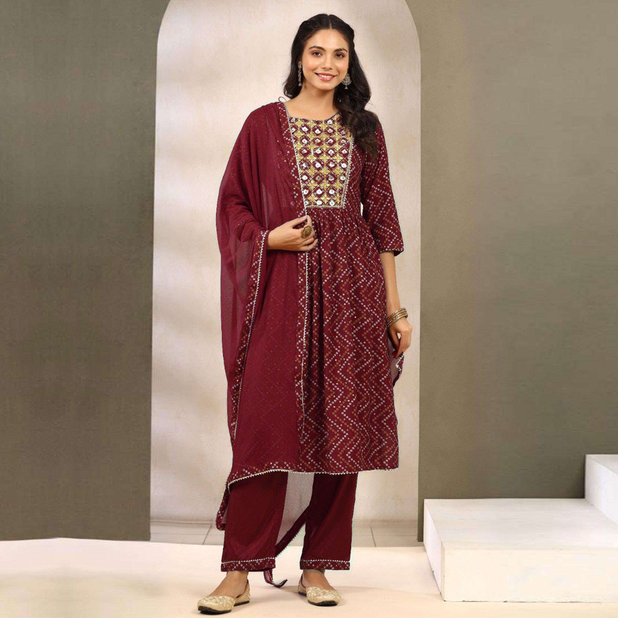 Maroon Printed With Embroidered Muslin Anarkali Suit - Peachmode
