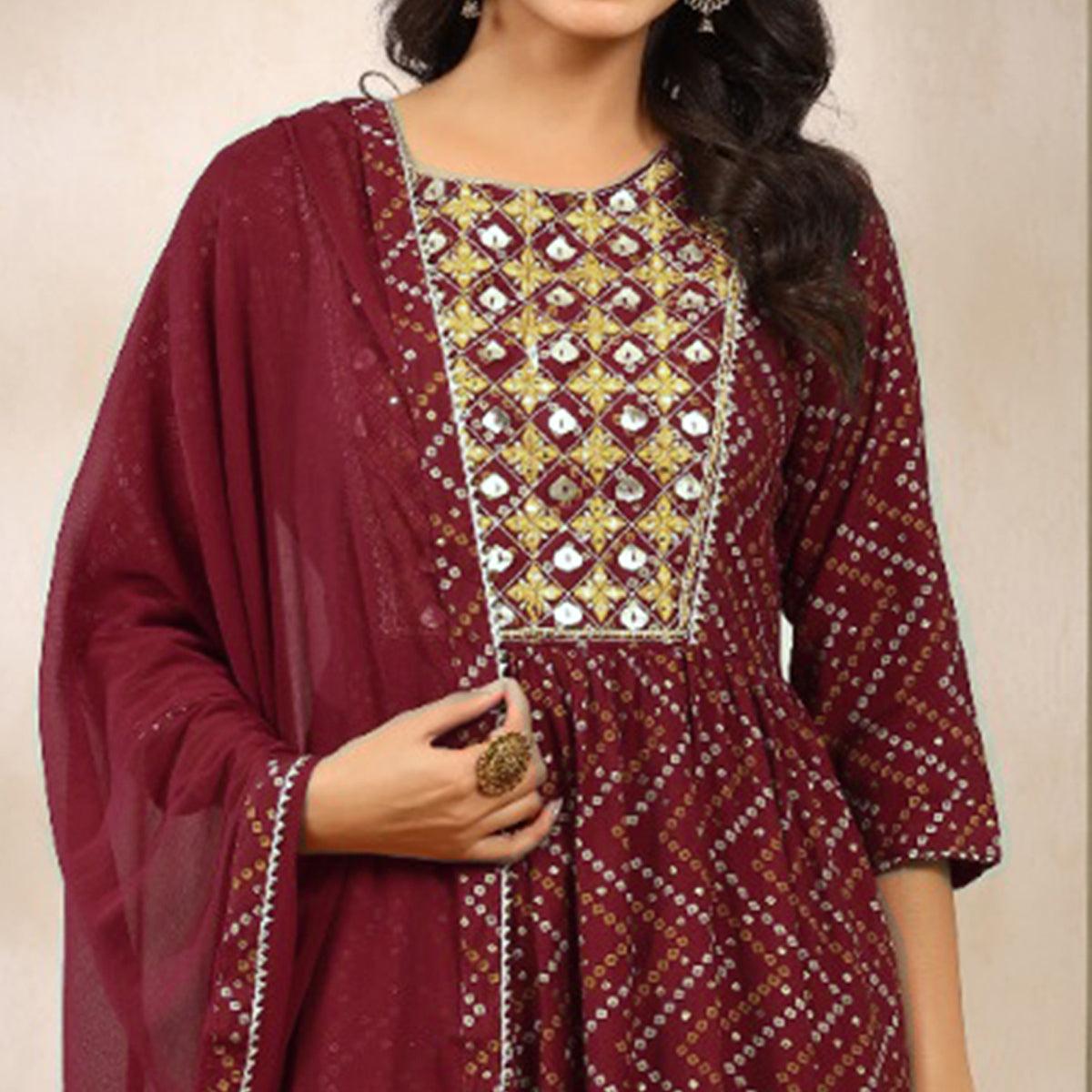Maroon Printed With Embroidered Muslin Anarkali Suit - Peachmode