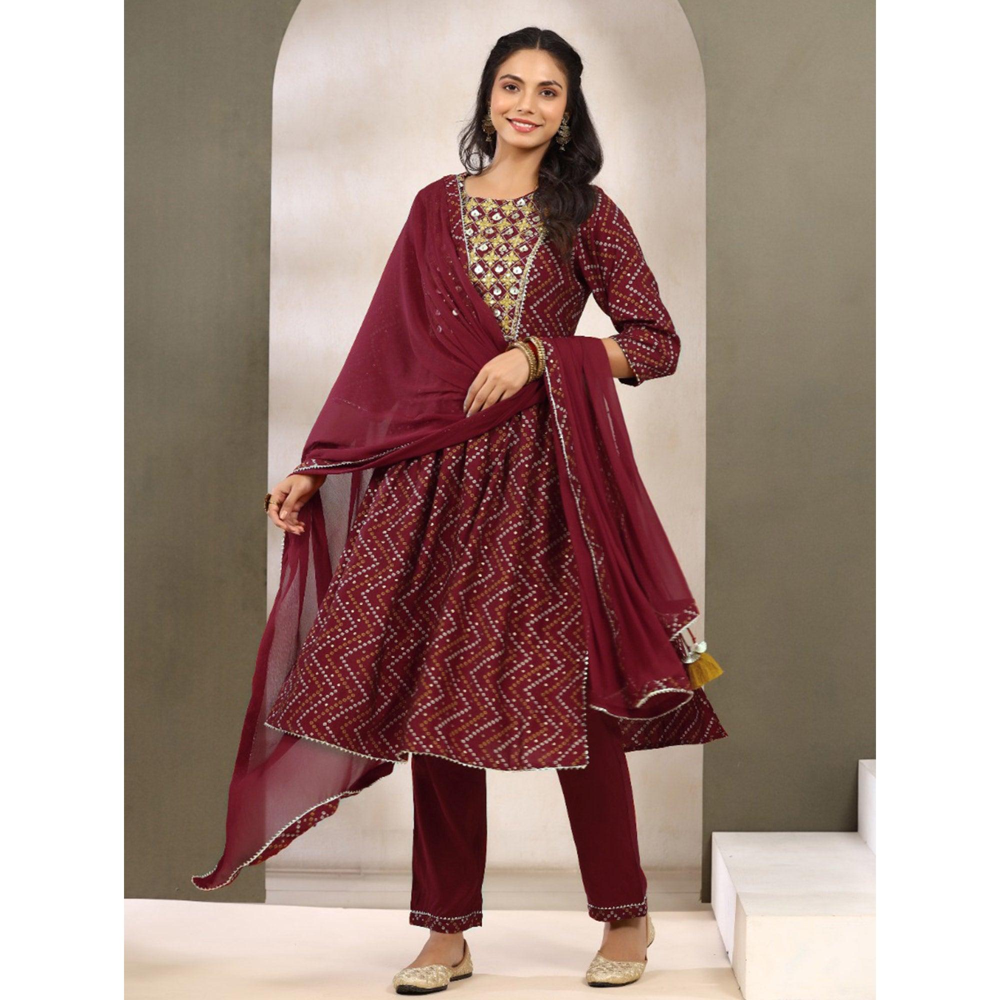 Maroon Printed With Embroidered Muslin Anarkali Suit - Peachmode