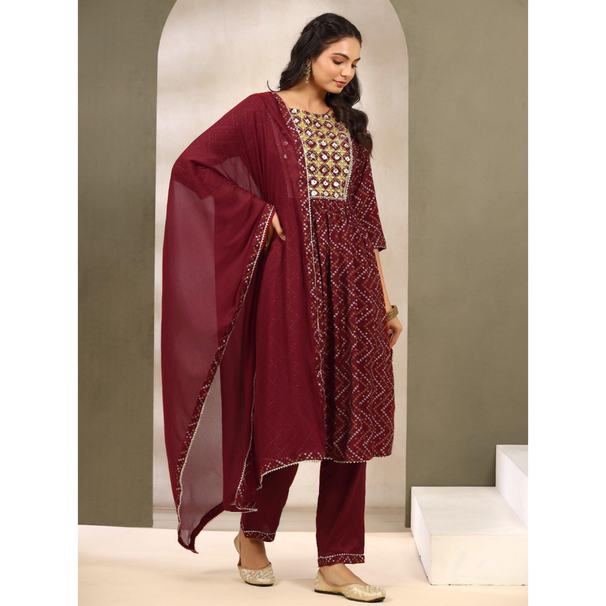 Maroon Printed With Embroidered Muslin Anarkali Suit - Peachmode