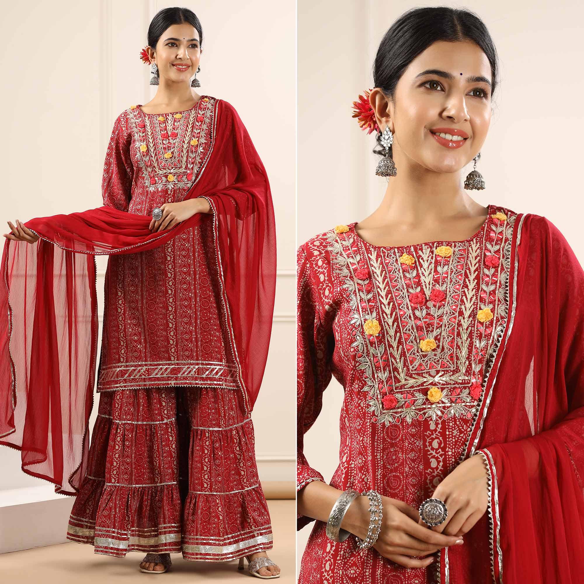 Maroon Printed With Embroidered Muslin Sharara Suit - Peachmode