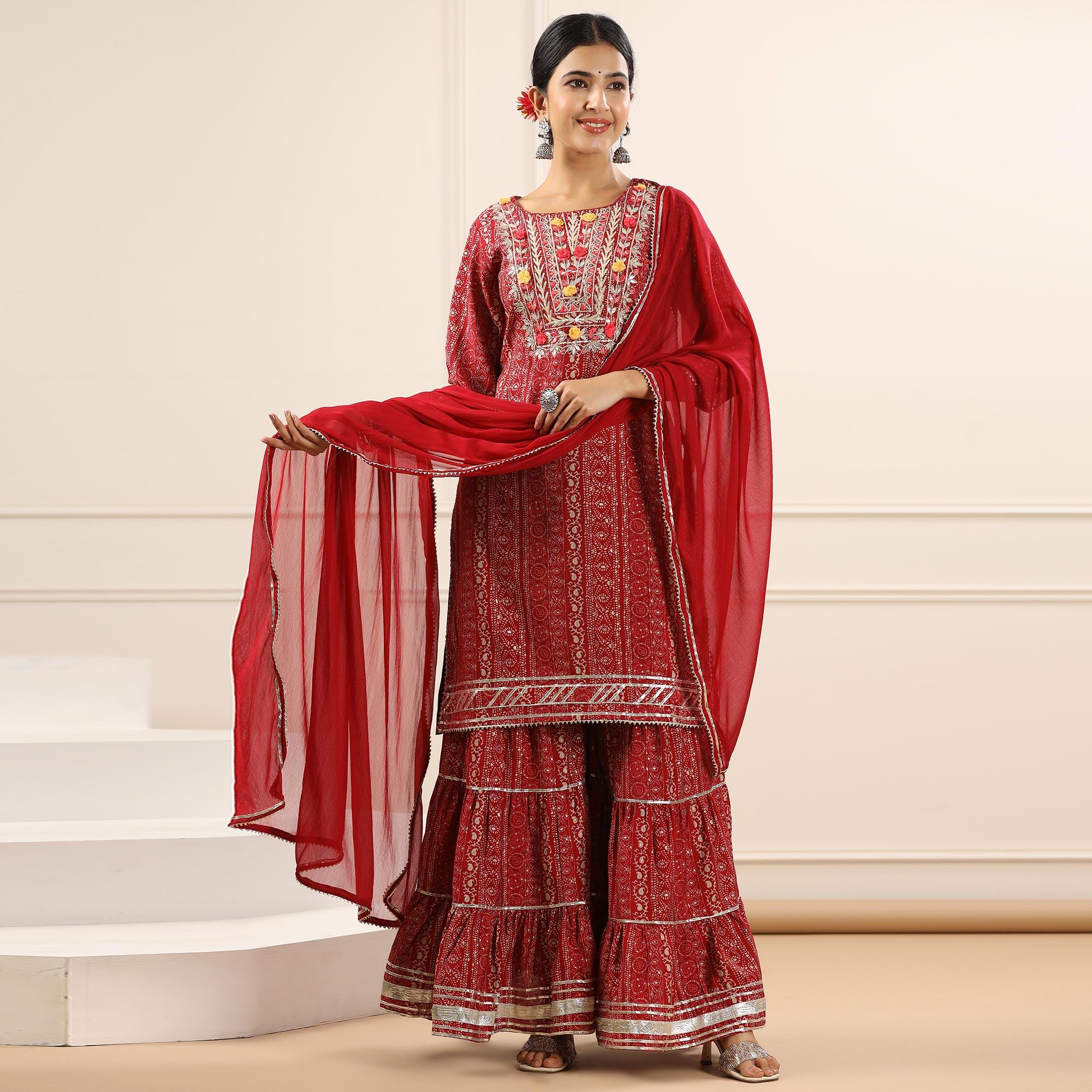 Maroon Printed With Embroidered Muslin Sharara Suit - Peachmode