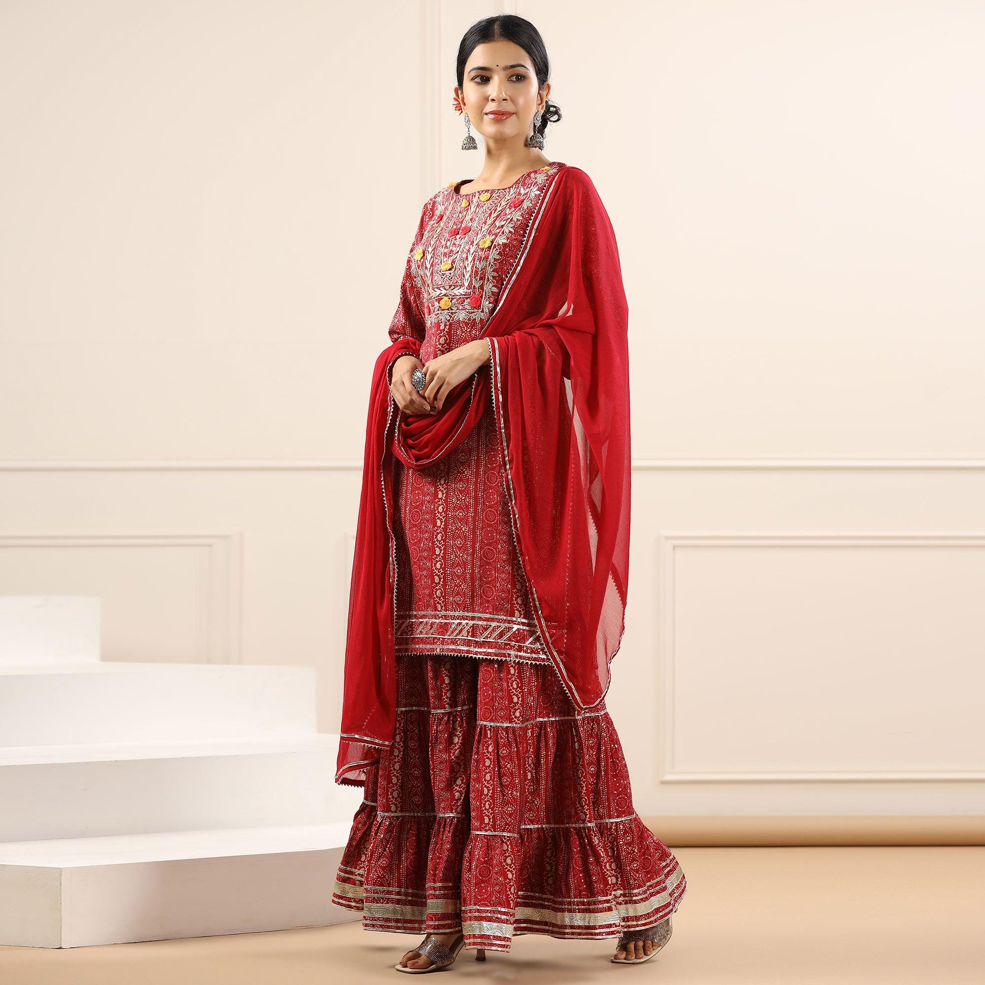 Maroon Printed With Embroidered Muslin Sharara Suit - Peachmode