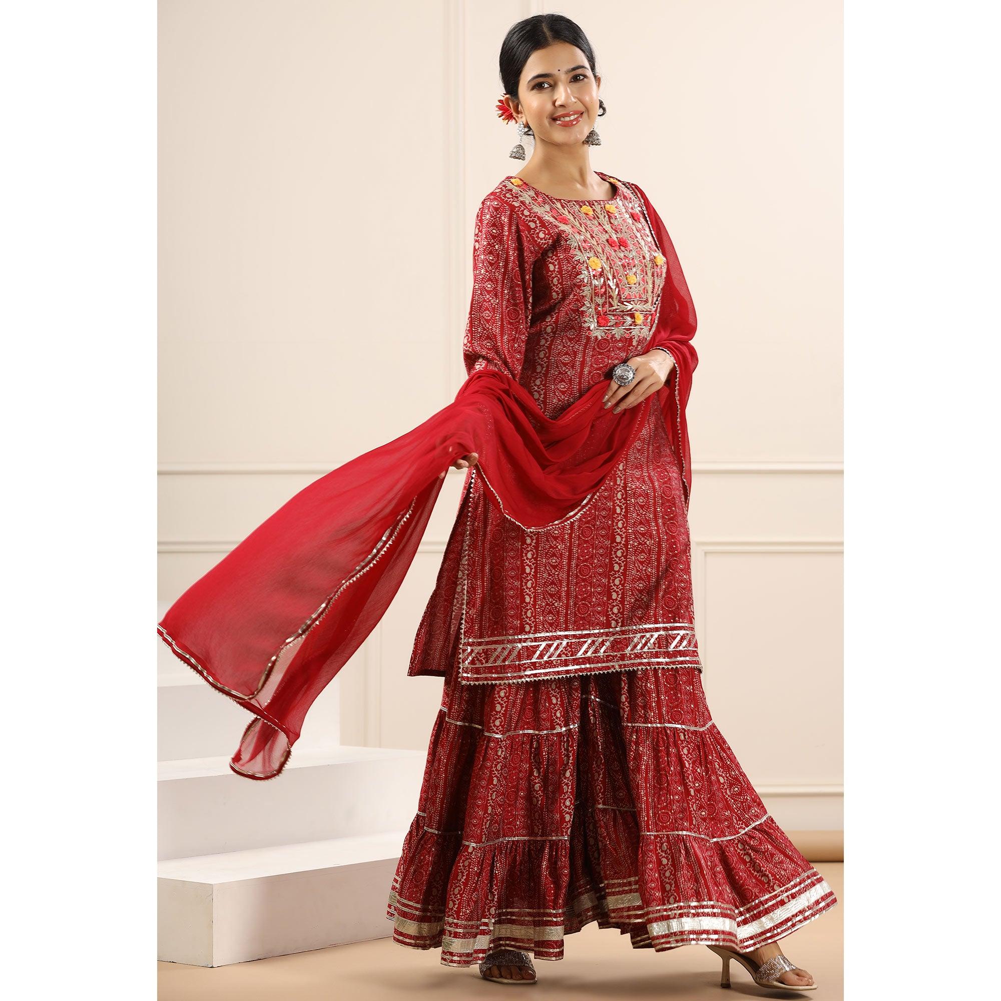 Maroon Printed With Embroidered Muslin Sharara Suit - Peachmode