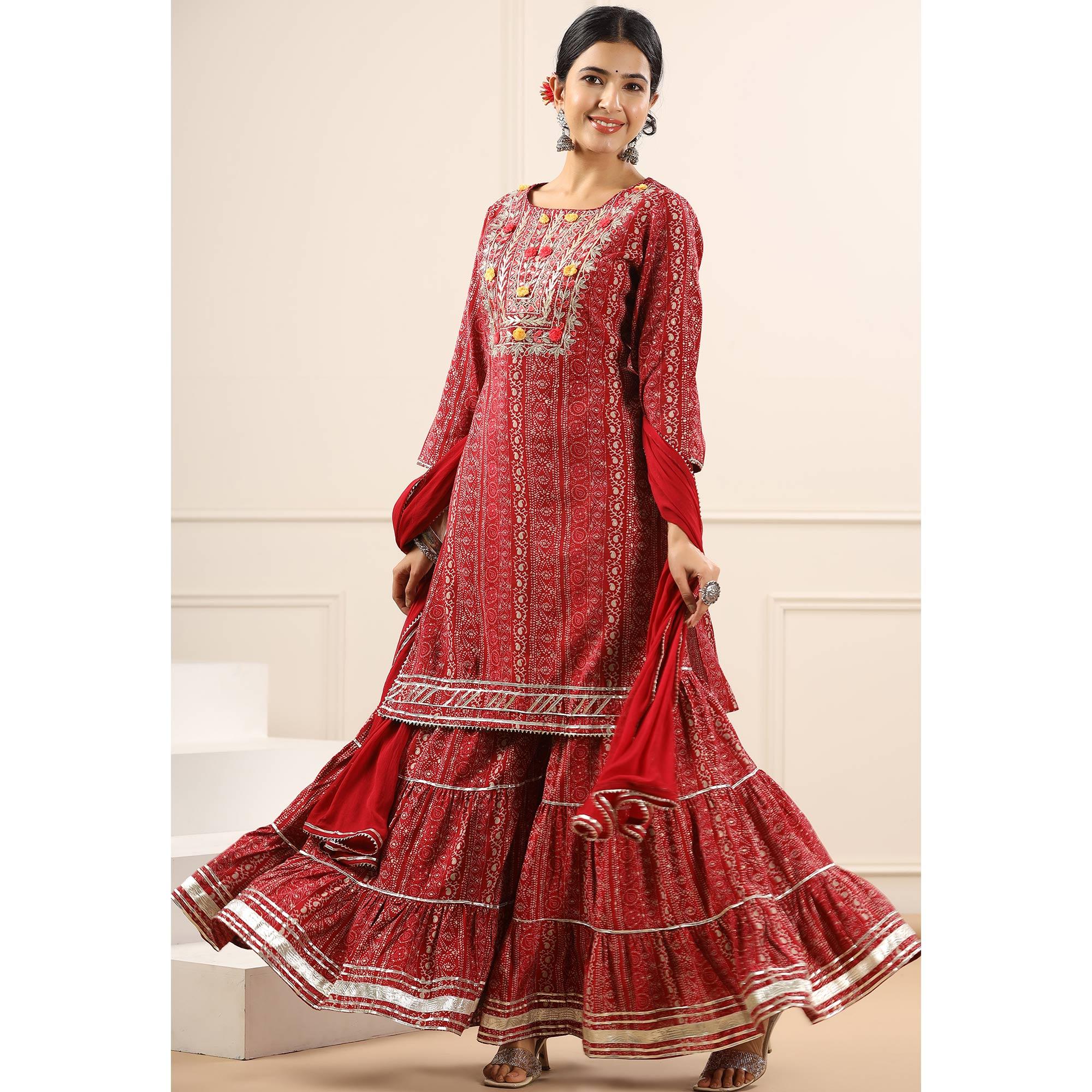 Maroon Printed With Embroidered Muslin Sharara Suit - Peachmode