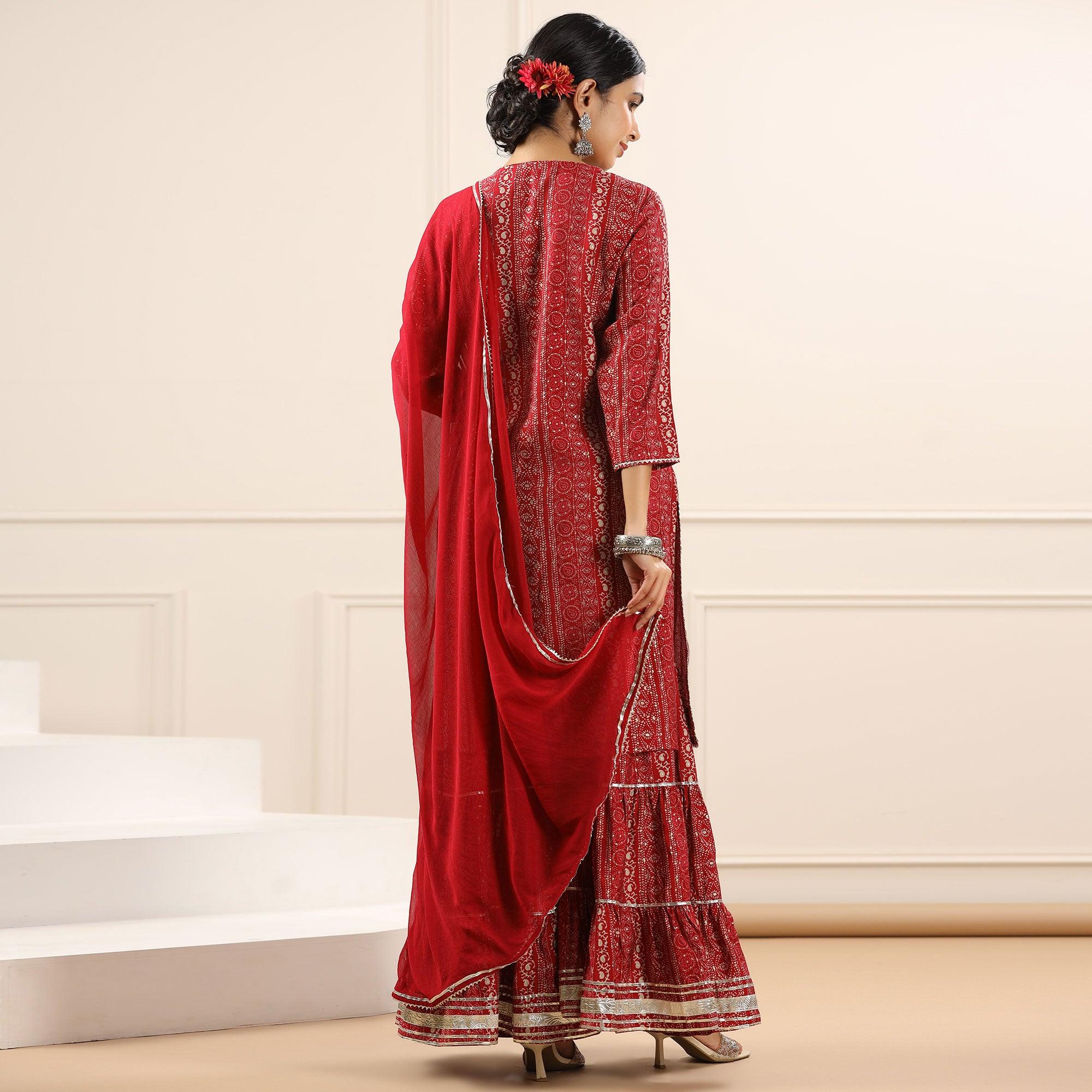Maroon Printed With Embroidered Muslin Sharara Suit - Peachmode