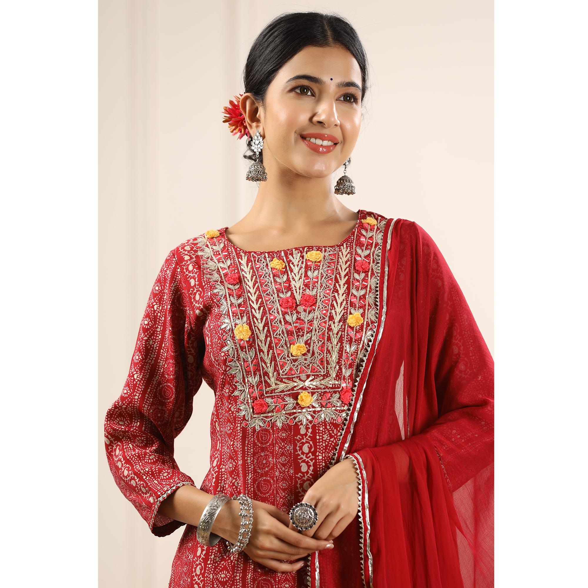 Maroon Printed With Embroidered Muslin Sharara Suit - Peachmode