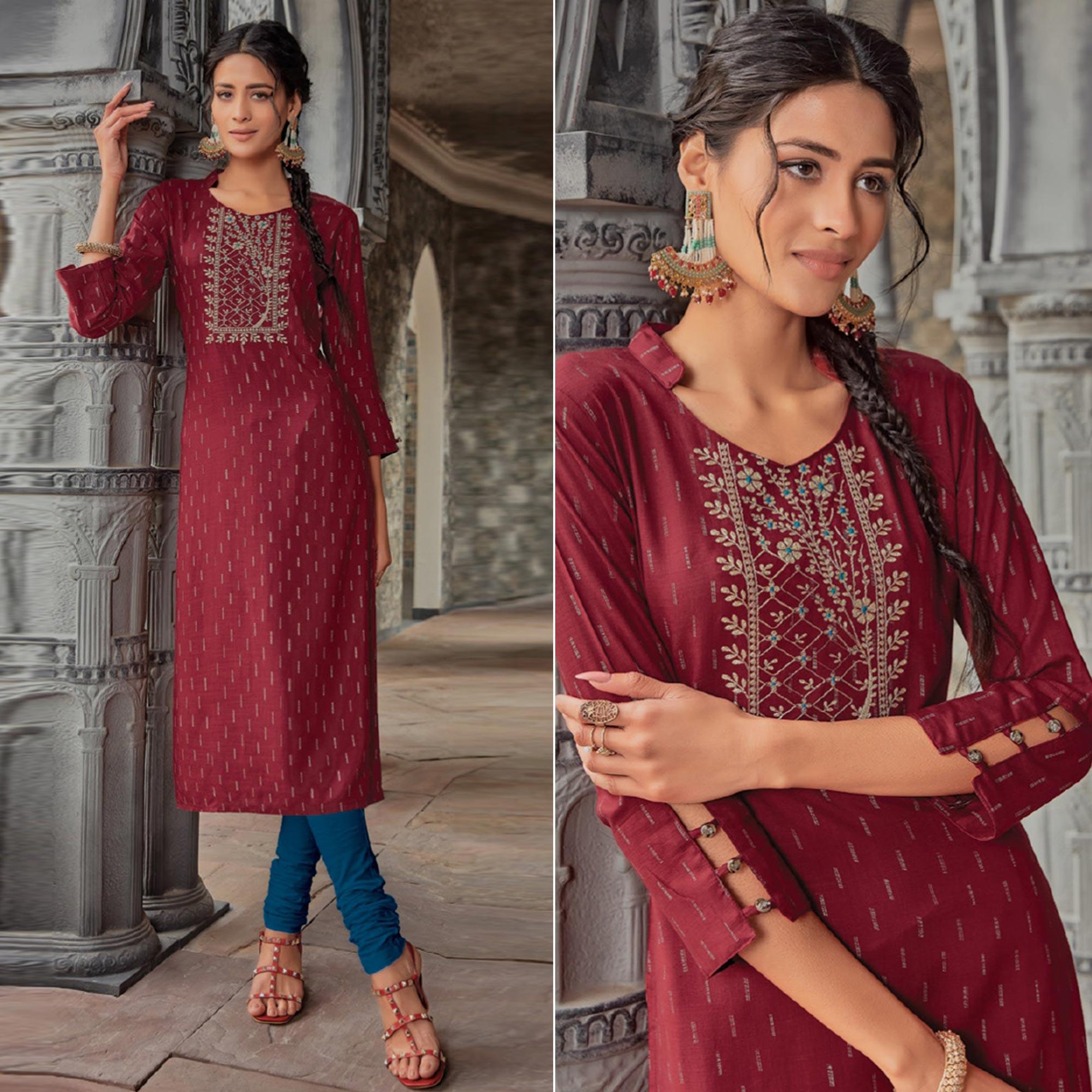 Maroon Printed With Embroidered Pure Cotton Kurti - Peachmode