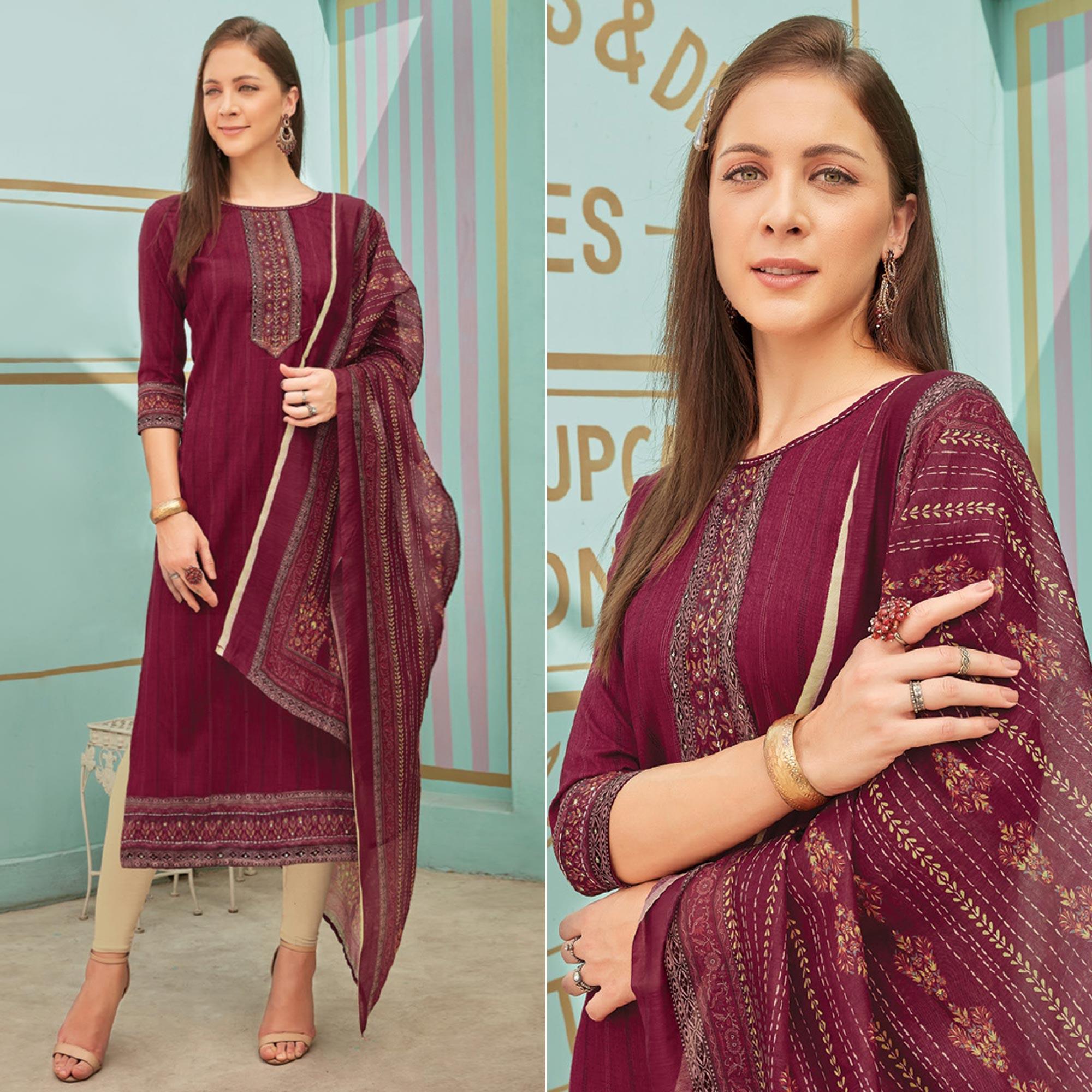Maroon Printed With Embroidery Tapetta Silk Kurti With Dupatta - Peachmode
