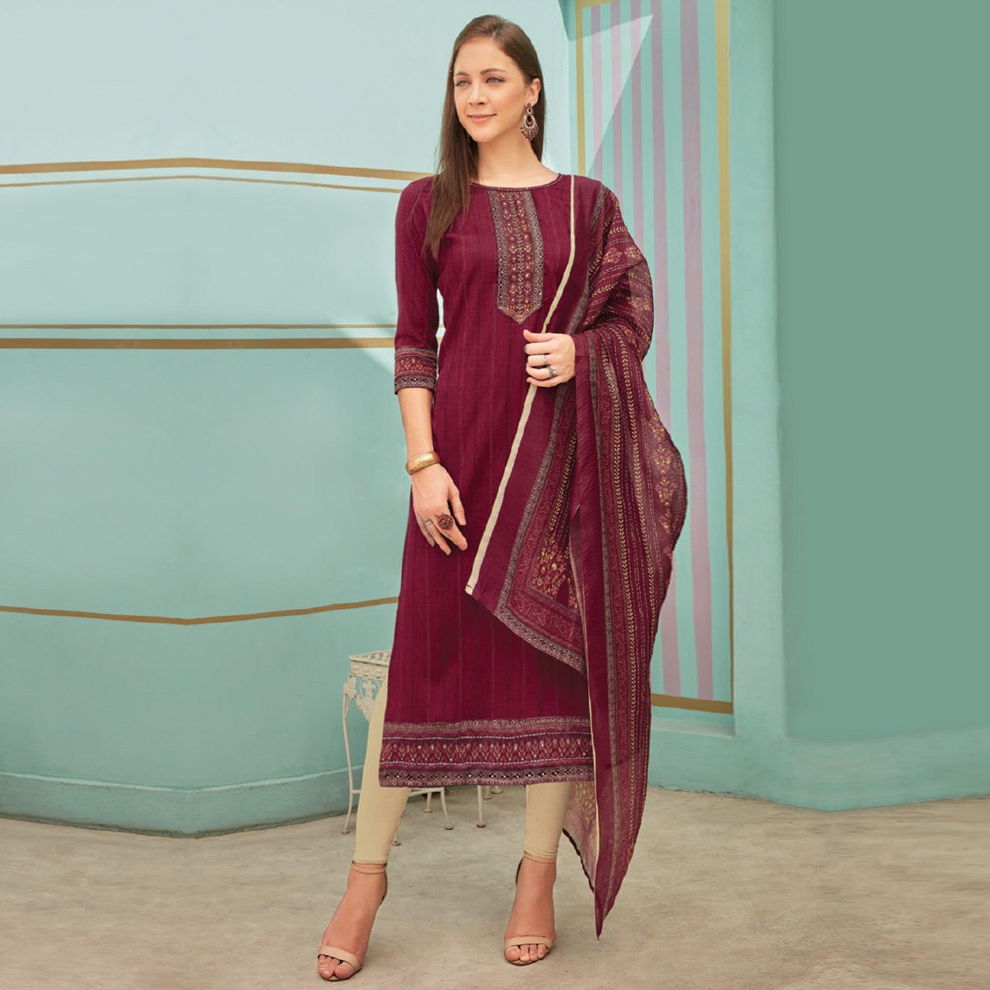 Maroon Printed With Embroidery Tapetta Silk Kurti With Dupatta - Peachmode