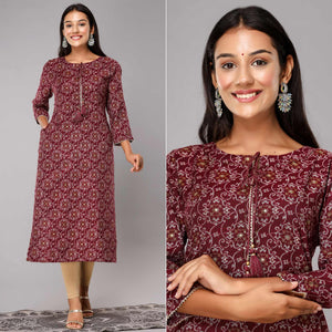 Maroon Printed With Gota Patti Work Poly Cotton Kurti - Peachmode
