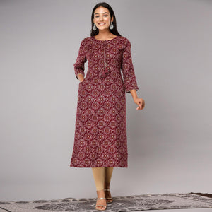 Maroon Printed With Gota Patti Work Poly Cotton Kurti - Peachmode
