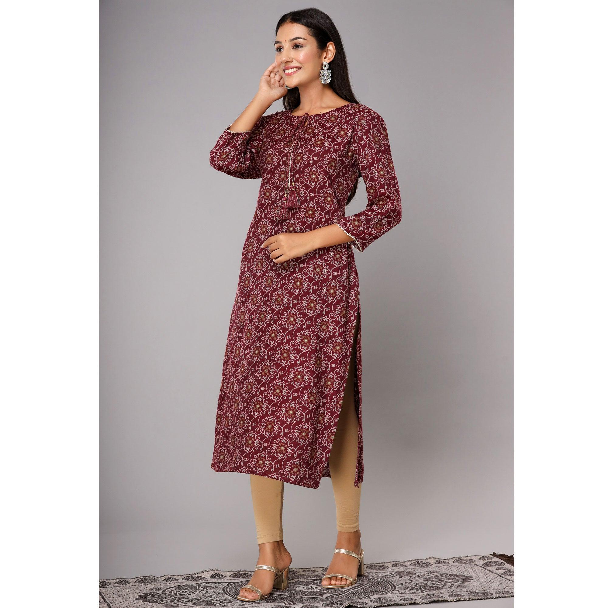 Maroon Printed With Gota Patti Work Poly Cotton Kurti - Peachmode