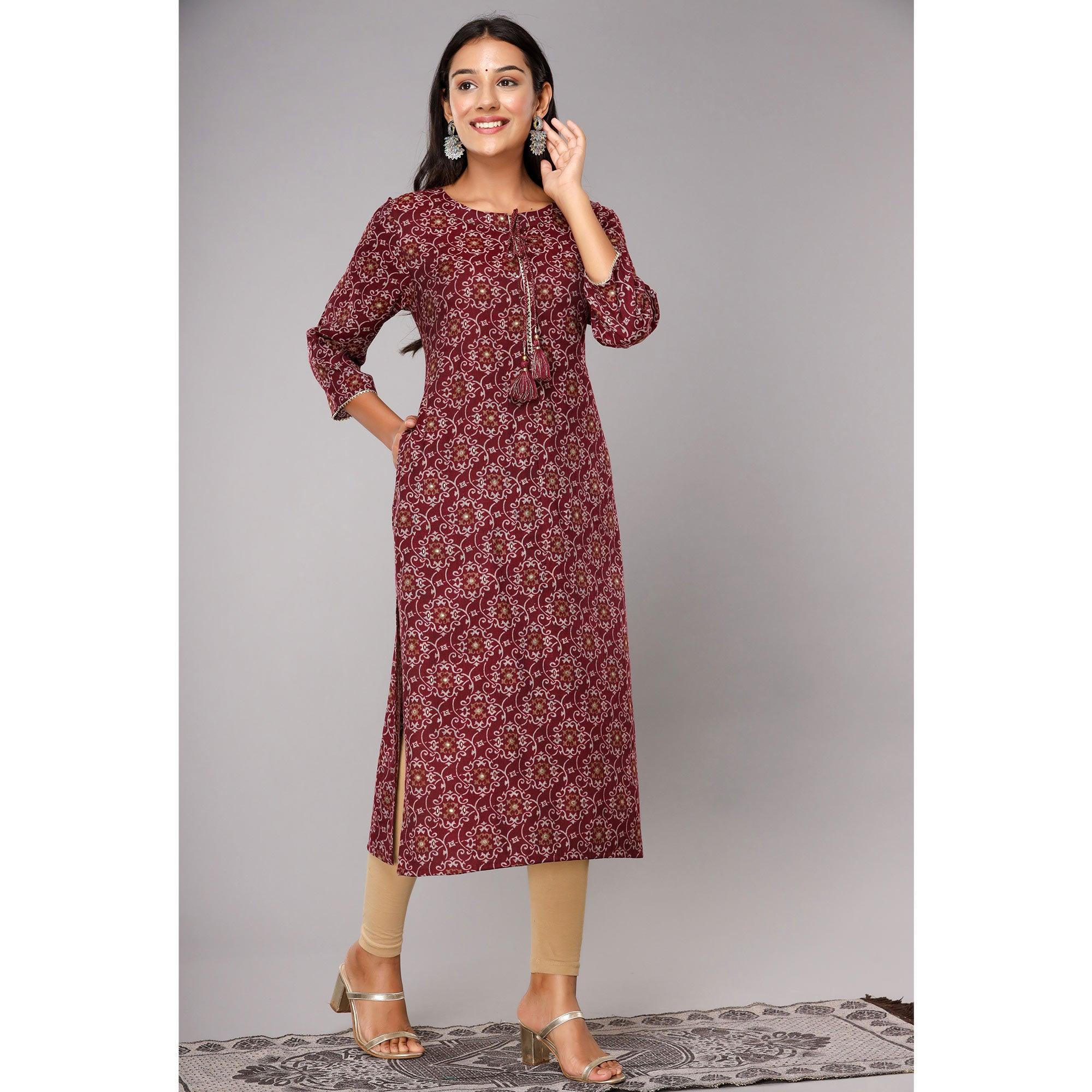 Maroon Printed With Gota Patti Work Poly Cotton Kurti - Peachmode