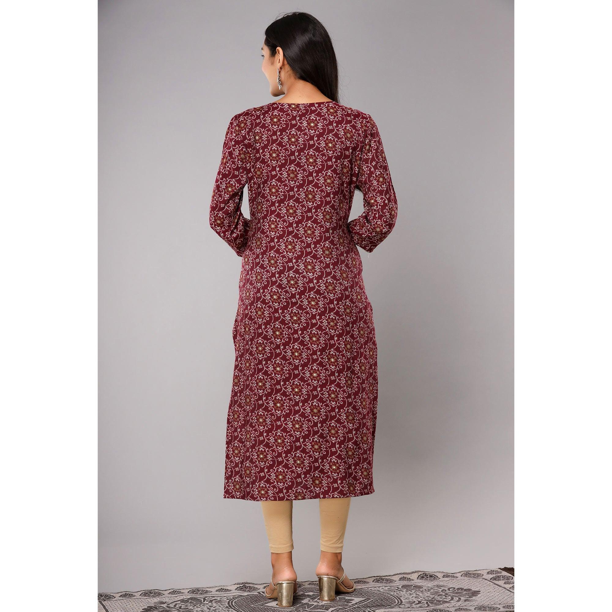 Maroon Printed With Gota Patti Work Poly Cotton Kurti - Peachmode
