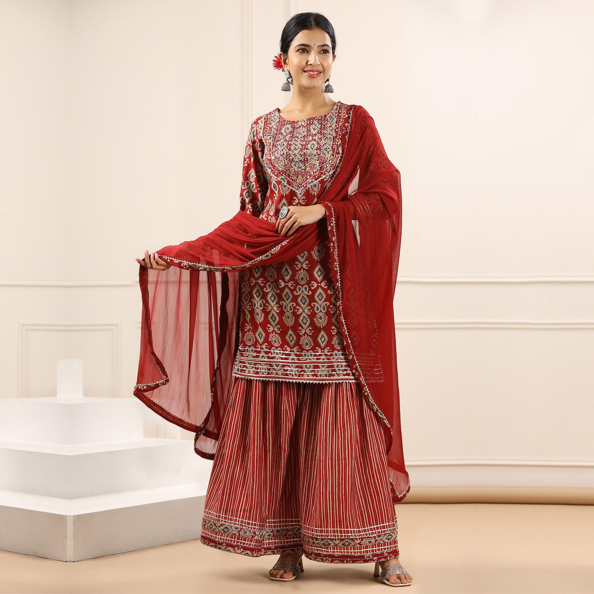 Maroon Printed With Gota Work Muslin Sharara Suit - Peachmode