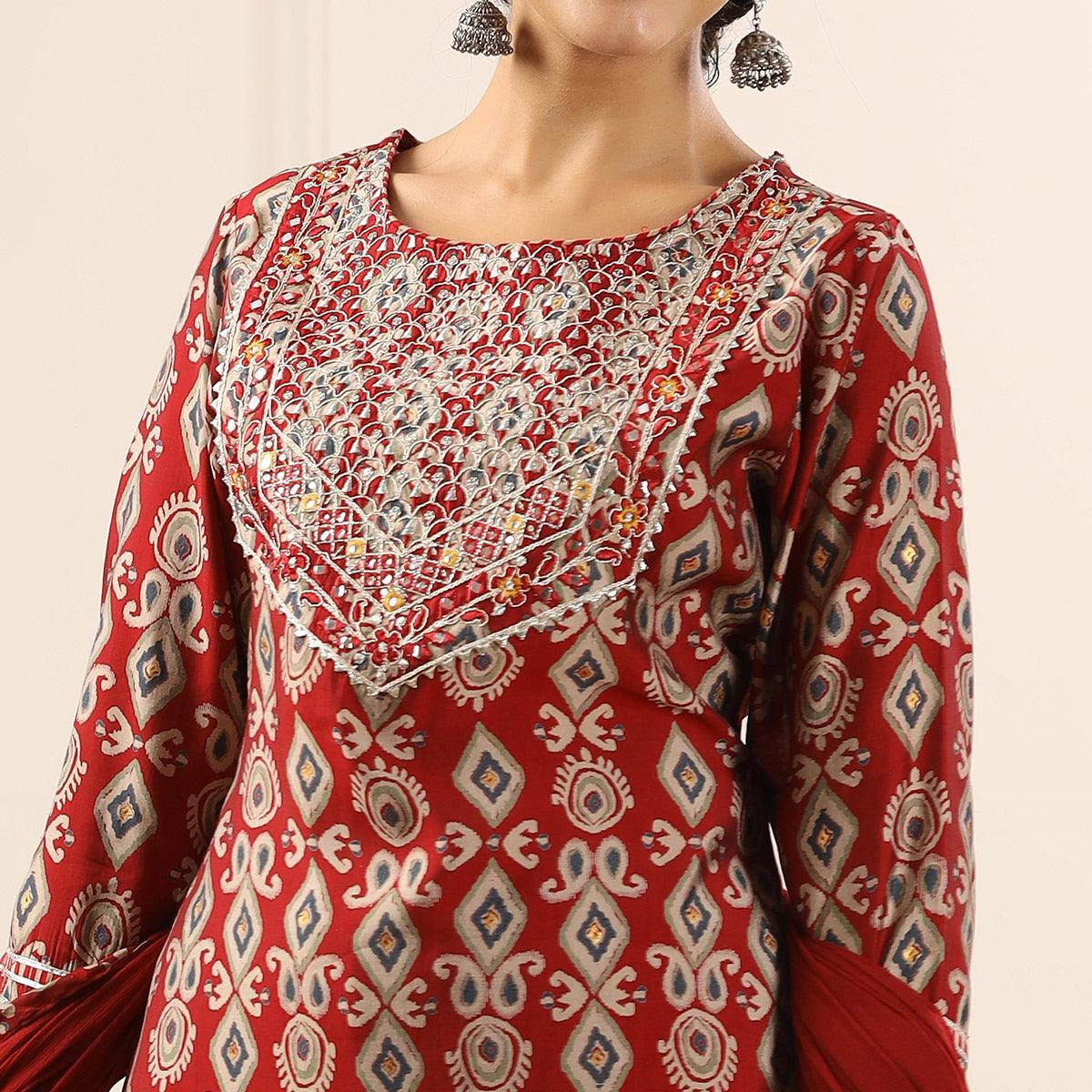 Maroon Printed With Gota Work Muslin Sharara Suit - Peachmode