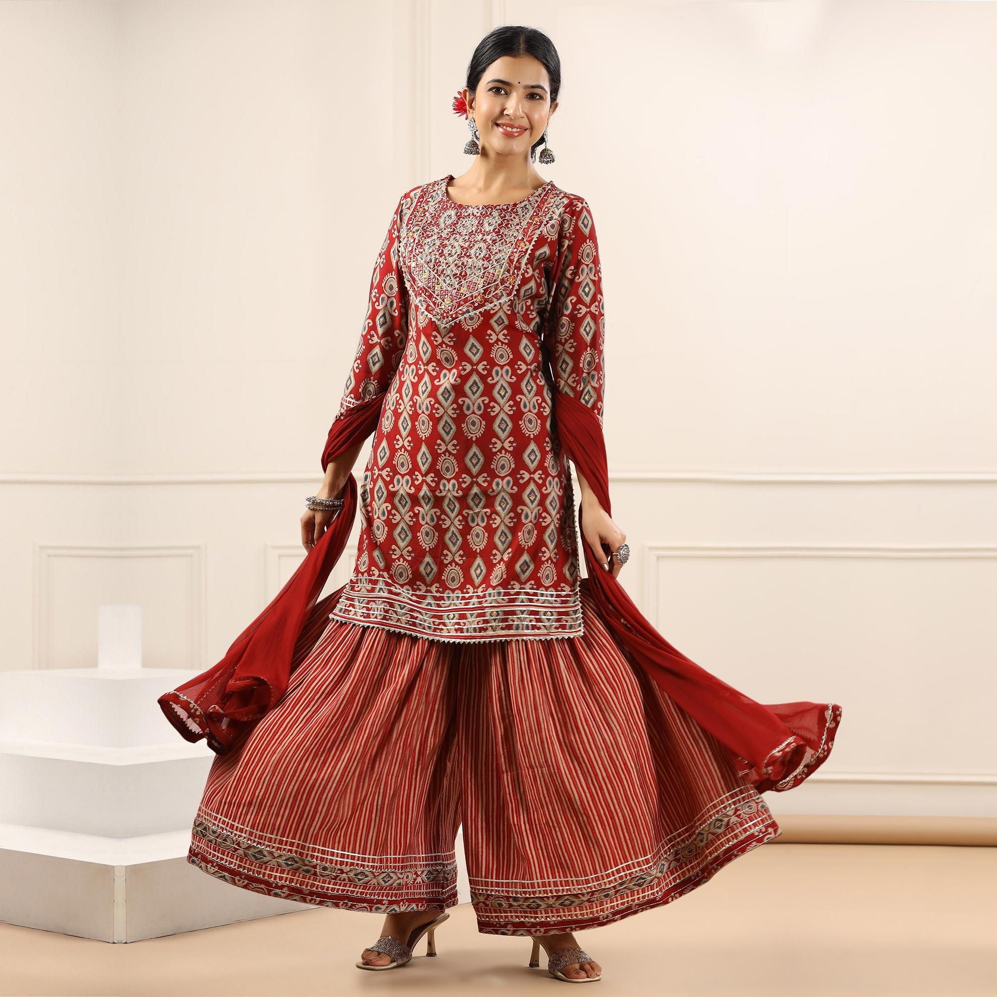 Maroon Printed With Gota Work Muslin Sharara Suit - Peachmode