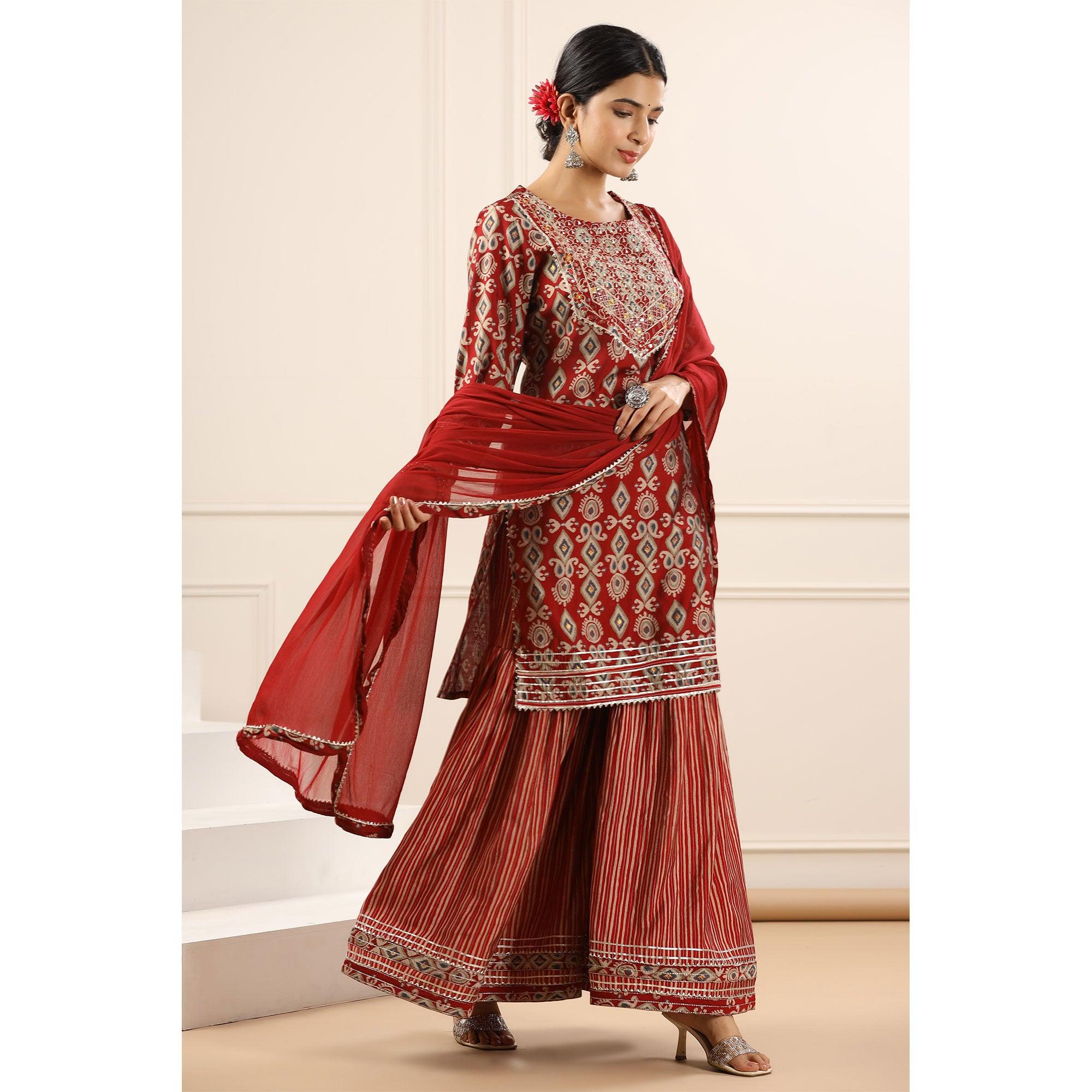 Maroon Printed With Gota Work Muslin Sharara Suit - Peachmode