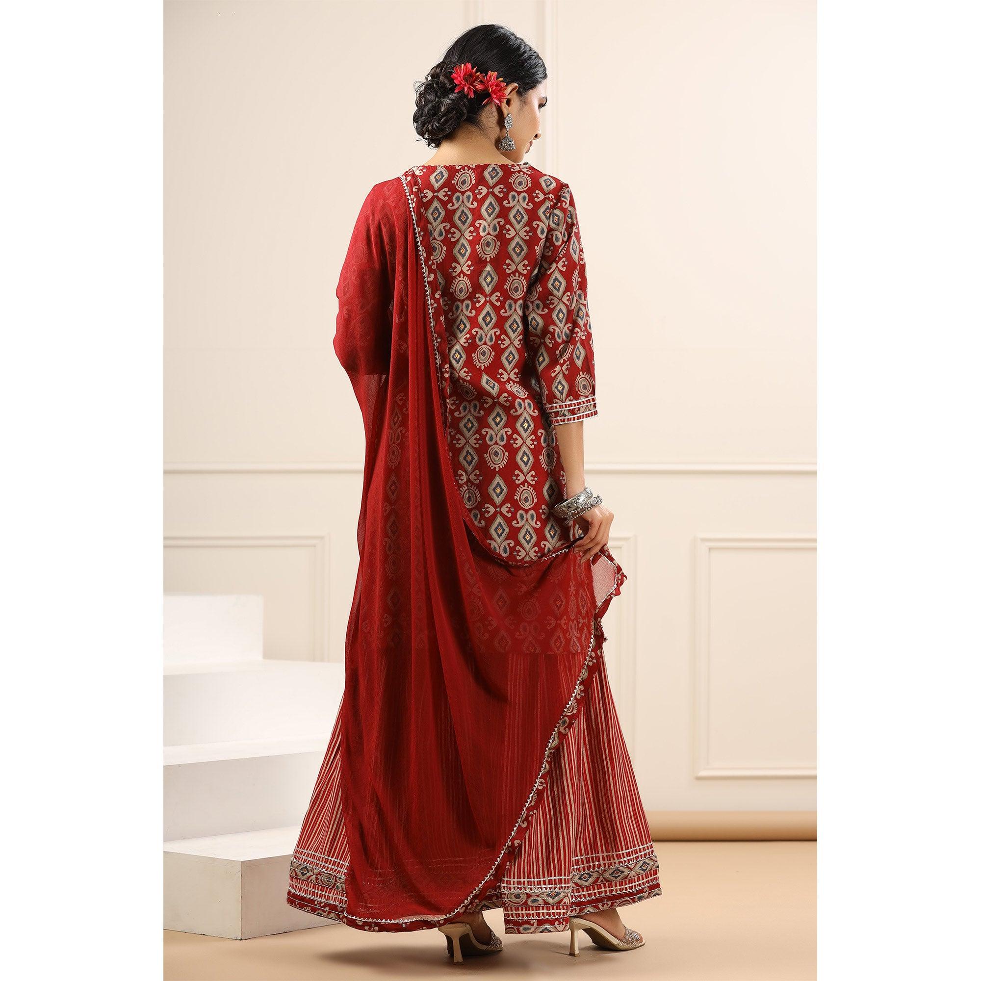 Maroon Printed With Gota Work Muslin Sharara Suit - Peachmode