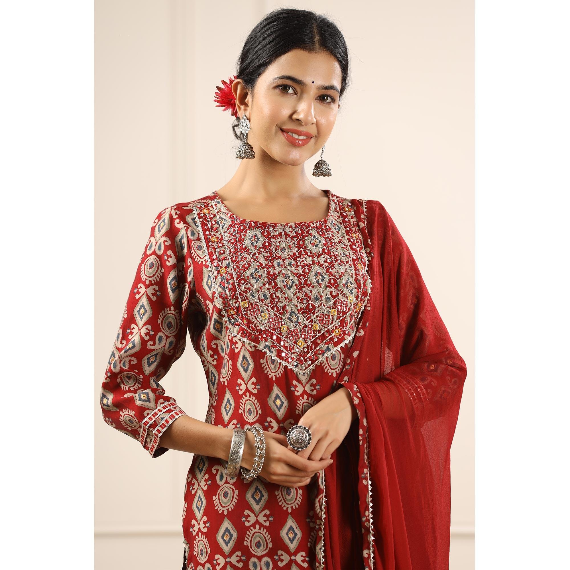 Maroon Printed With Gota Work Muslin Sharara Suit - Peachmode