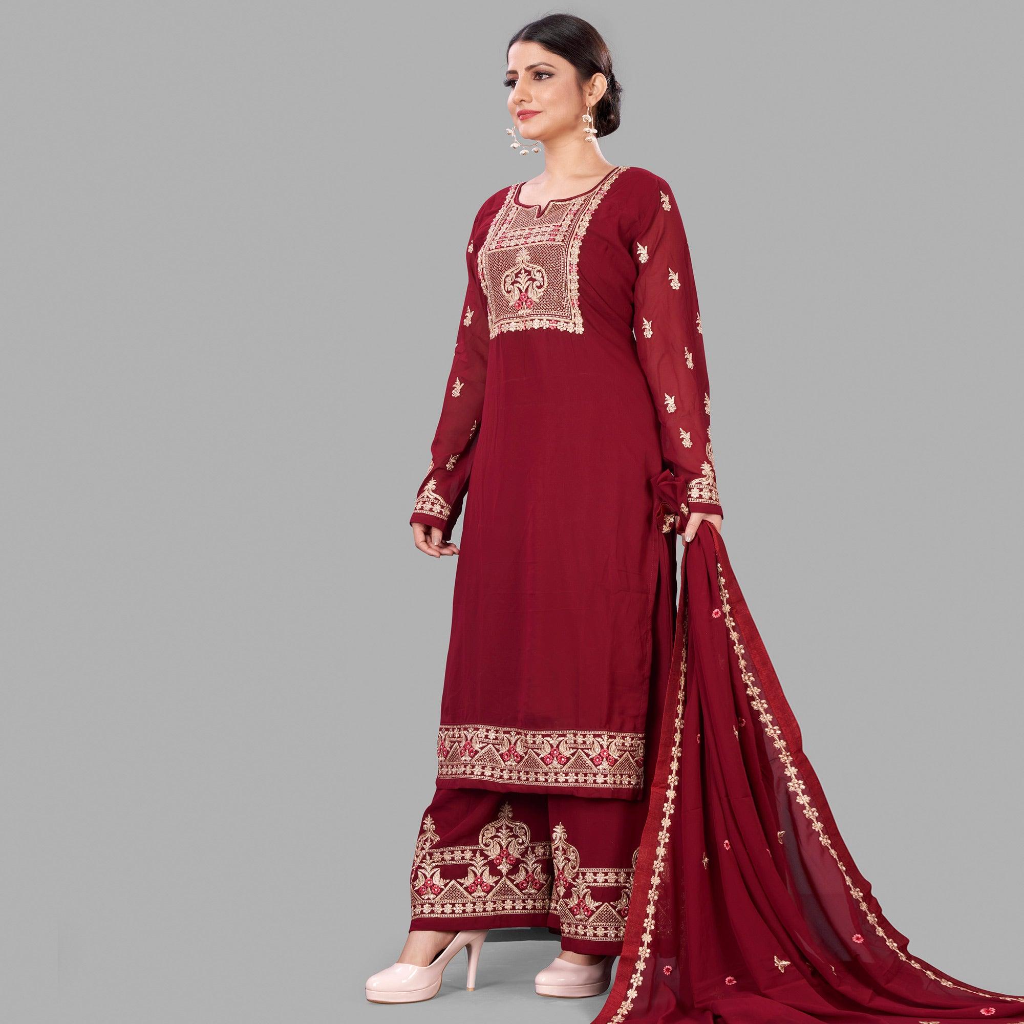 Maroon Semi Party Wear Embroidered Heavy Georgette Palazzo Suit - Peachmode