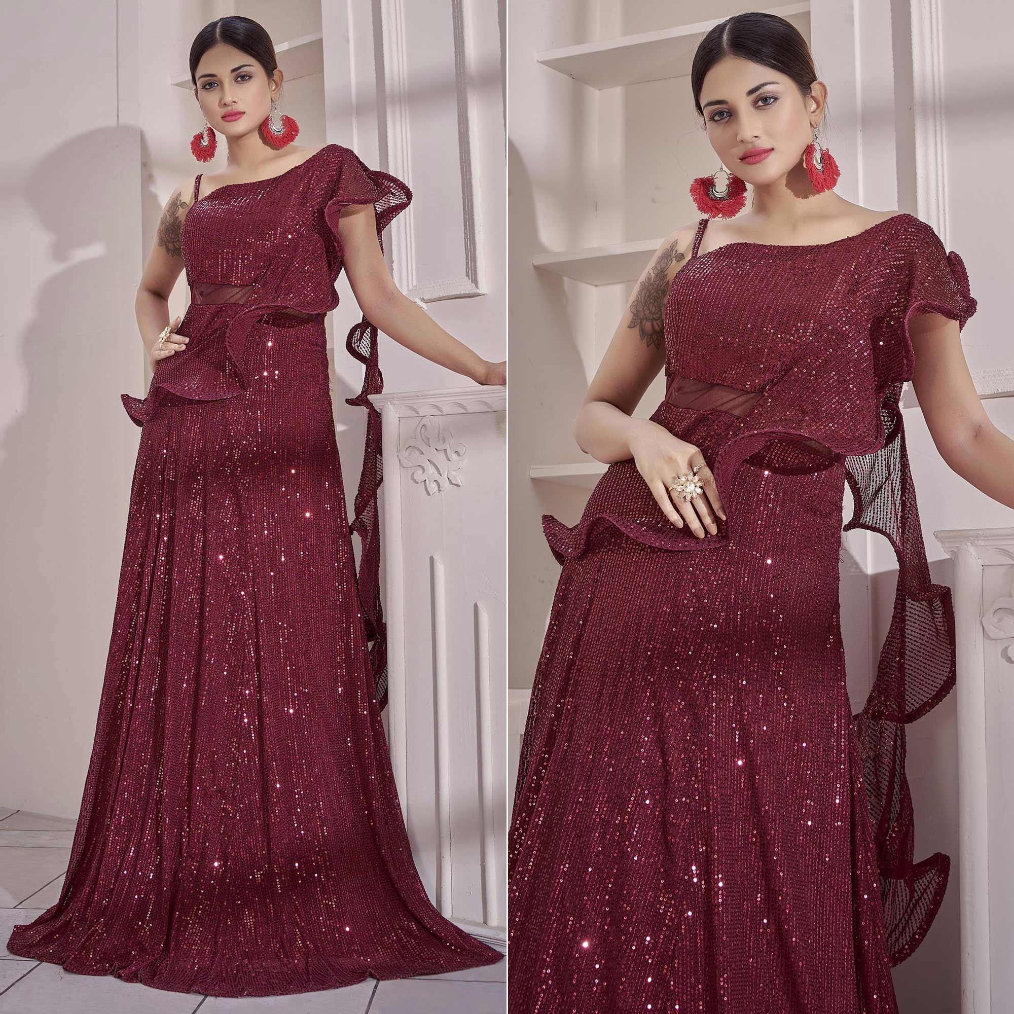 Maroon Sequence Embroidered Art Silk Gown - Peachmode
