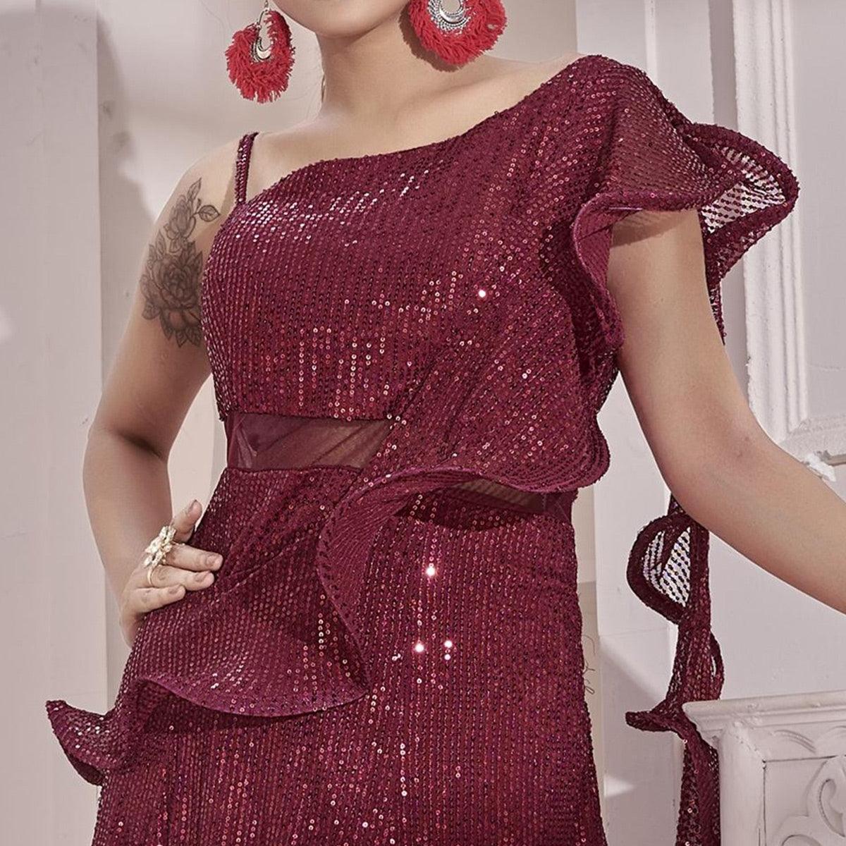 Maroon Sequence Embroidered Art Silk Gown - Peachmode