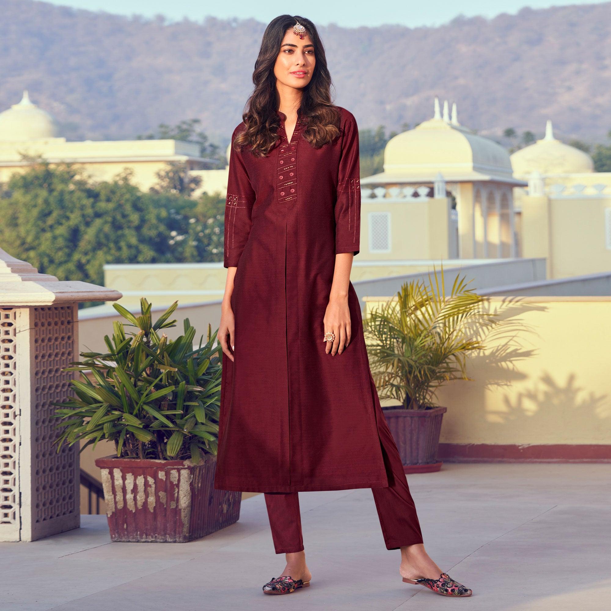 Maroon Sequence Embroidered Art Silk Kurti Pant Set - Peachmode