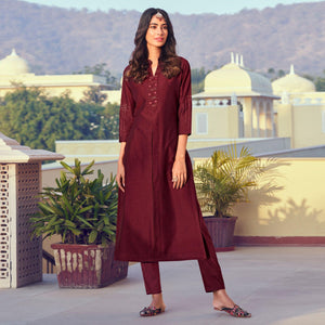 Maroon Sequence Embroidered Art Silk Kurti Pant Set - Peachmode