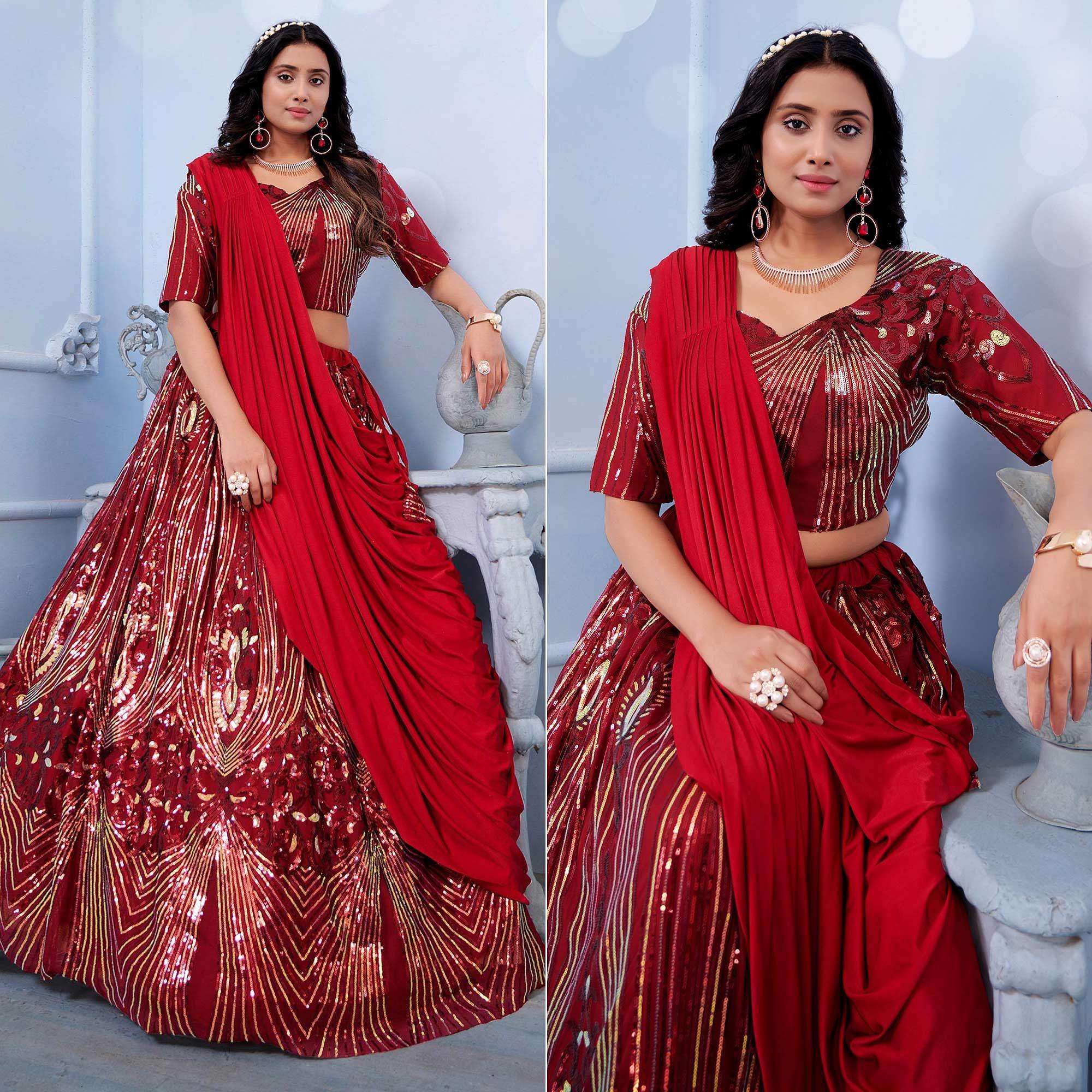 Maroon Sequence Embroidered Art Silk Lehenga Choli - Peachmode