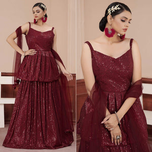 Maroon Sequence Embroidered Art Silk Lehenga Choli - Peachmode