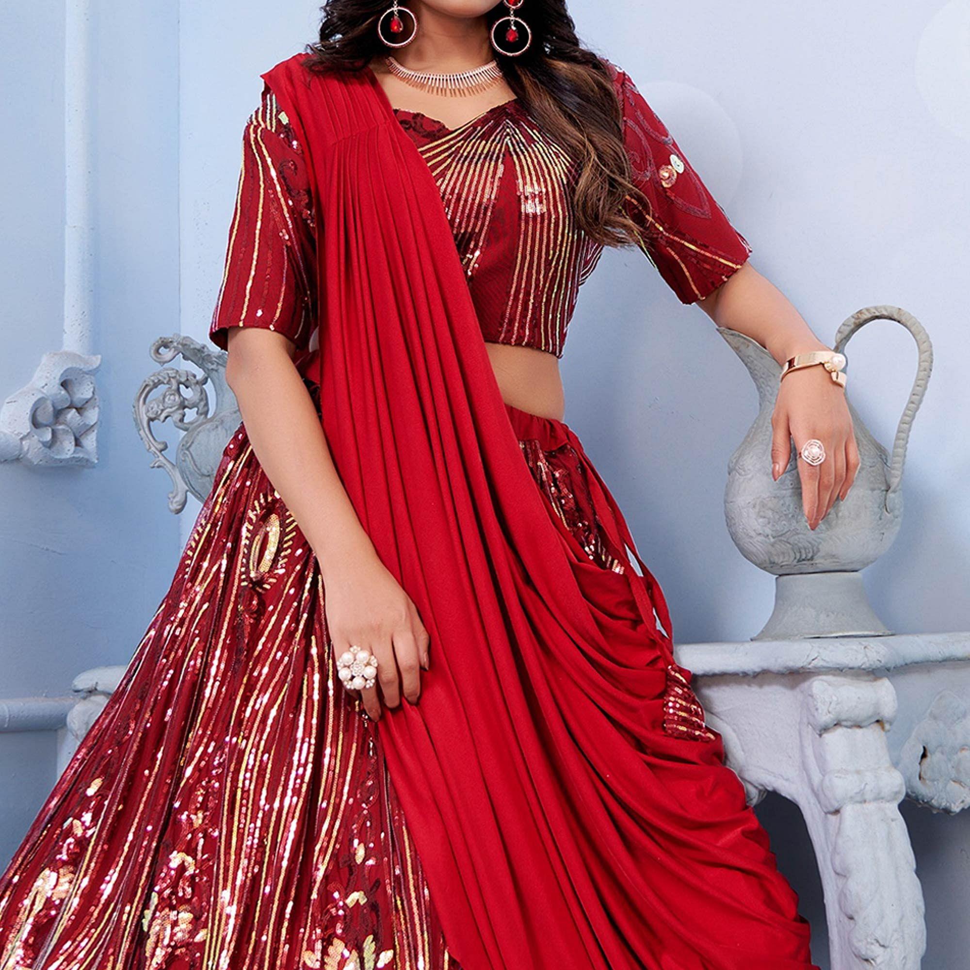 Maroon Sequence Embroidered Art Silk Lehenga Choli - Peachmode