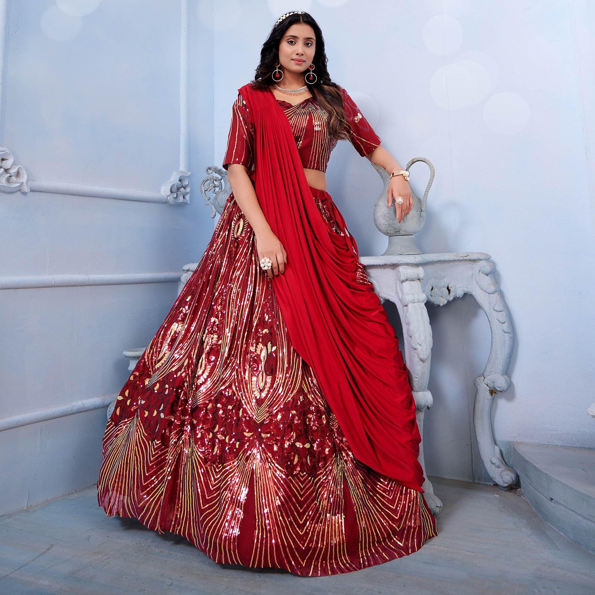 Maroon Sequence Embroidered Art Silk Lehenga Choli - Peachmode