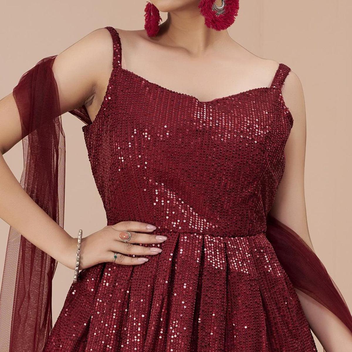 Maroon Sequence Embroidered Art Silk Lehenga Choli - Peachmode