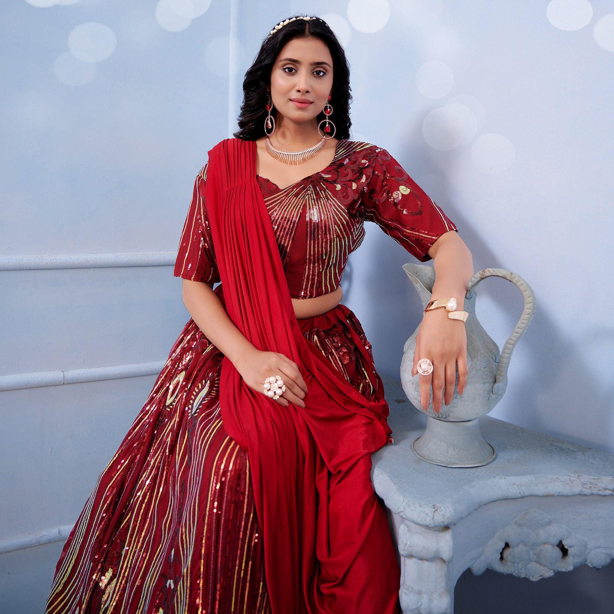 Maroon Sequence Embroidered Art Silk Lehenga Choli - Peachmode