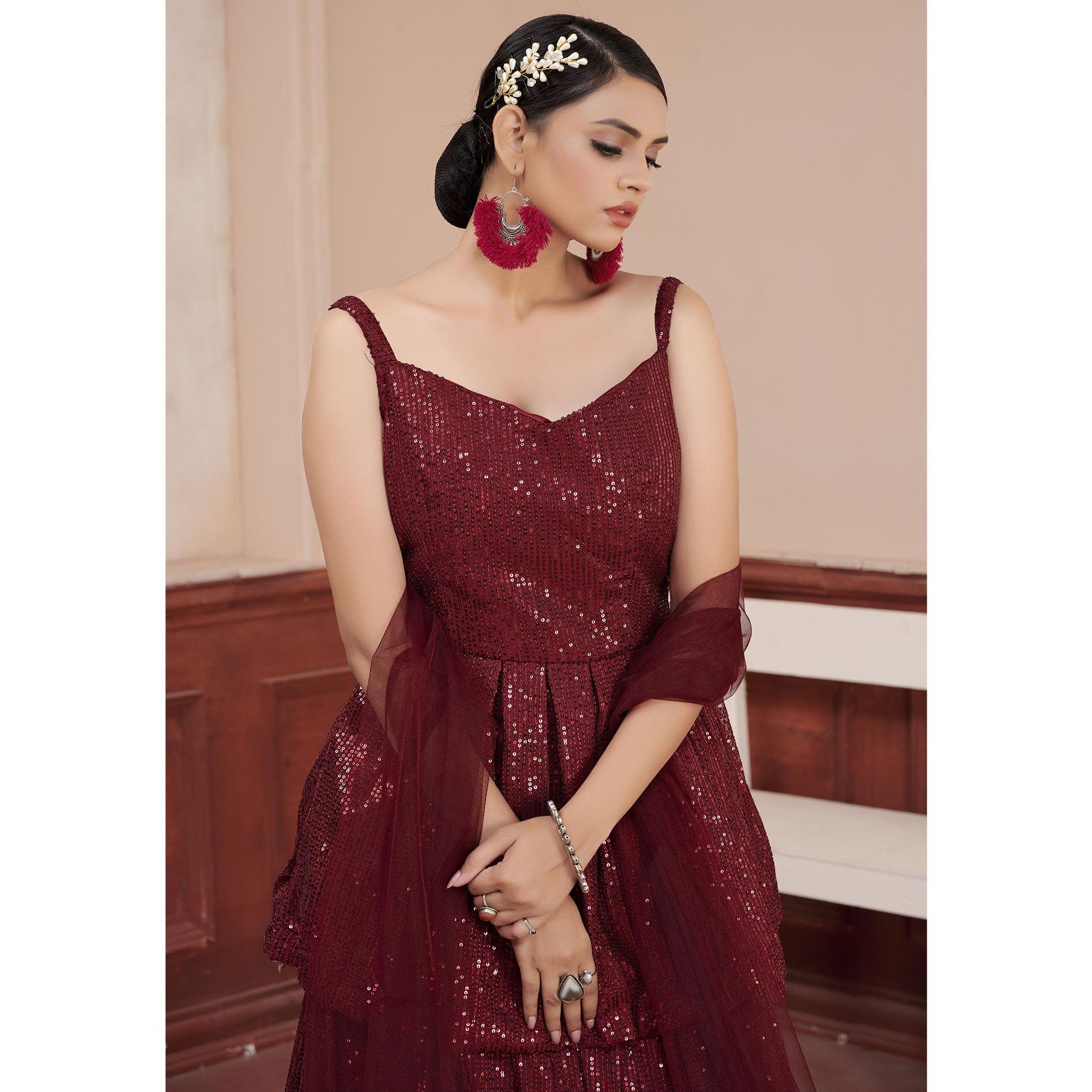 Maroon Sequence Embroidered Art Silk Lehenga Choli - Peachmode