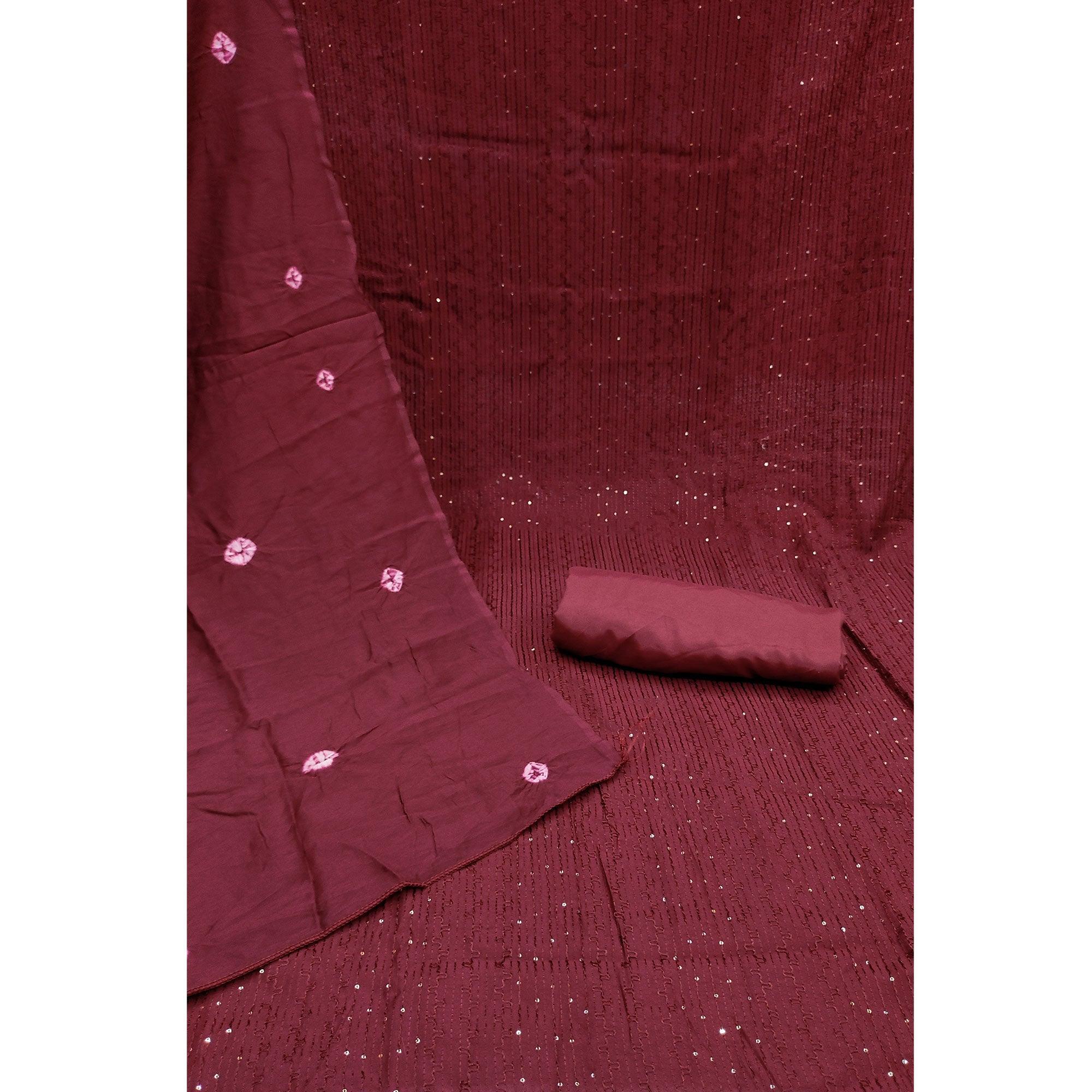 Maroon Sequence Embroidered Chanderi Dress Material - Peachmode