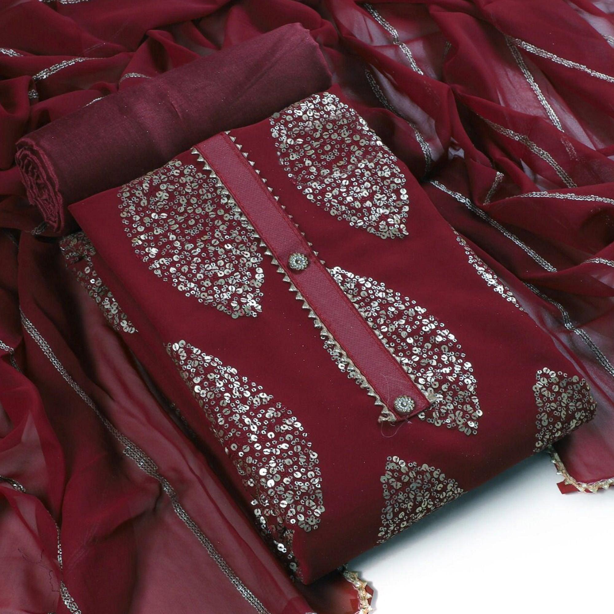 Maroon Sequence Embroidered Georgette Dress Material - Peachmode