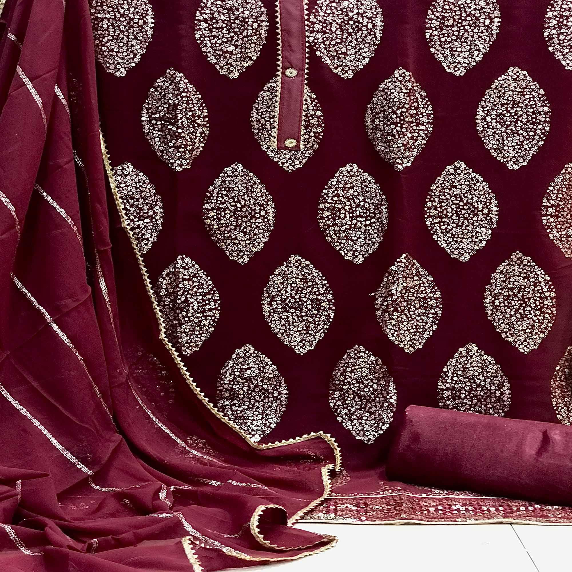 Maroon Sequence Embroidered Georgette Dress Material - Peachmode