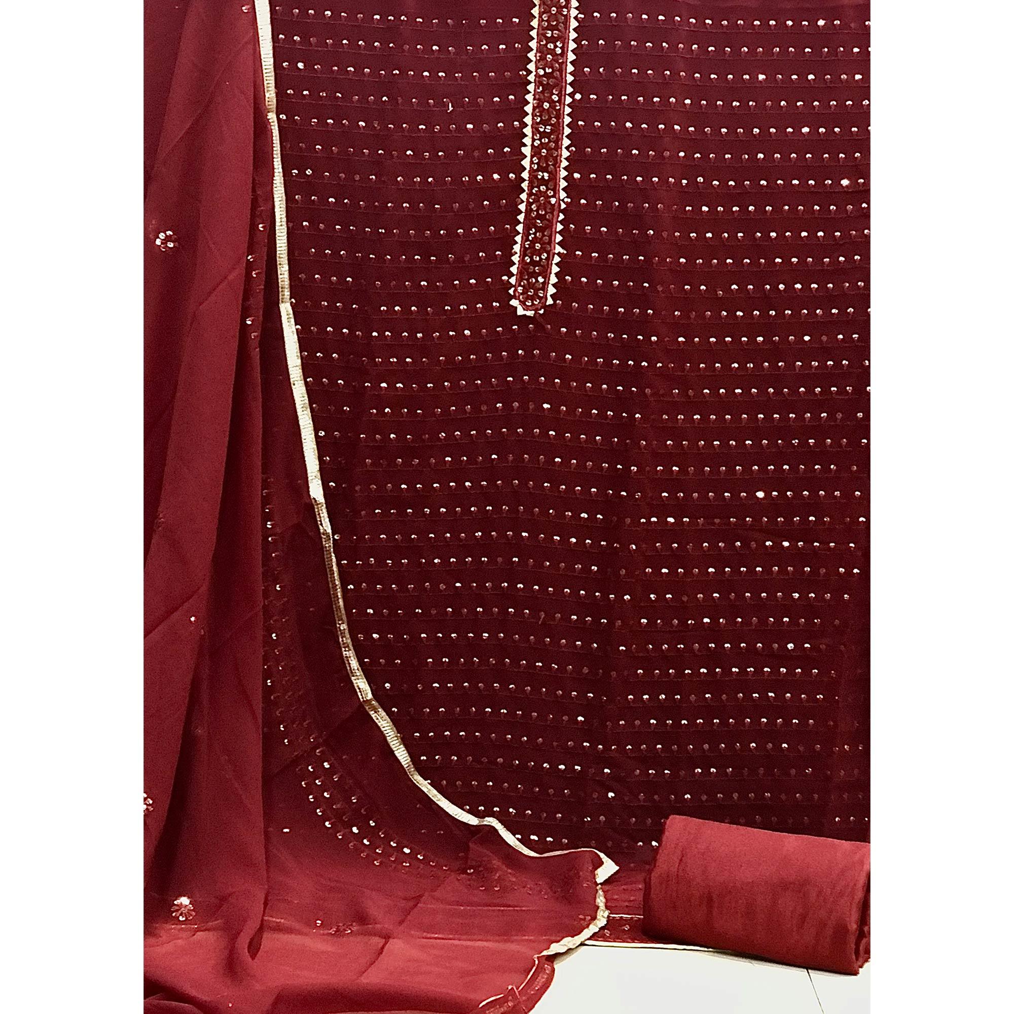Maroon Sequence Embroidered Georgette Dress Material - Peachmode
